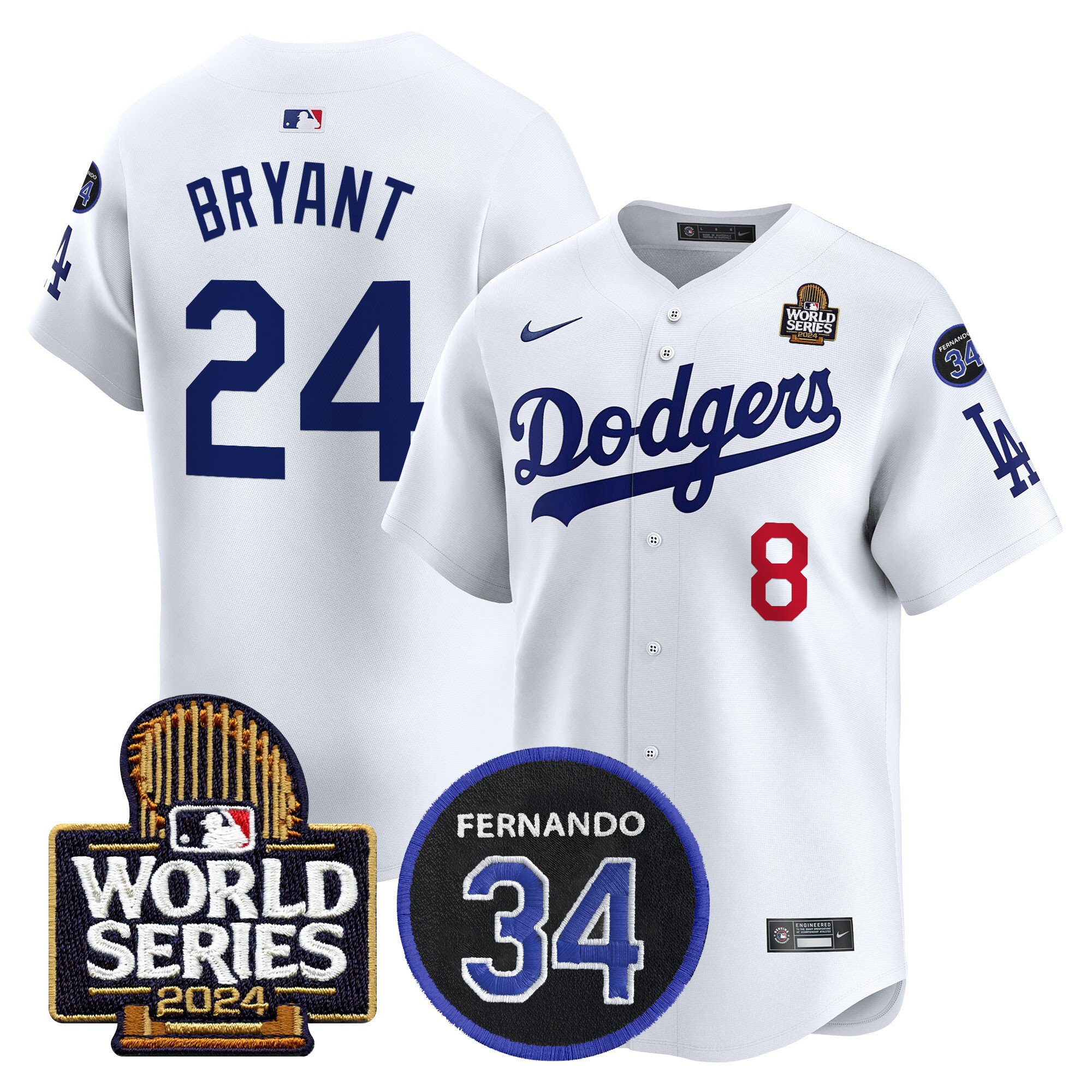 Men's Dodgers Fernando Memorial & 2024 World Series Patch Vapor Premier Limited Jersey V2 - All Stitched