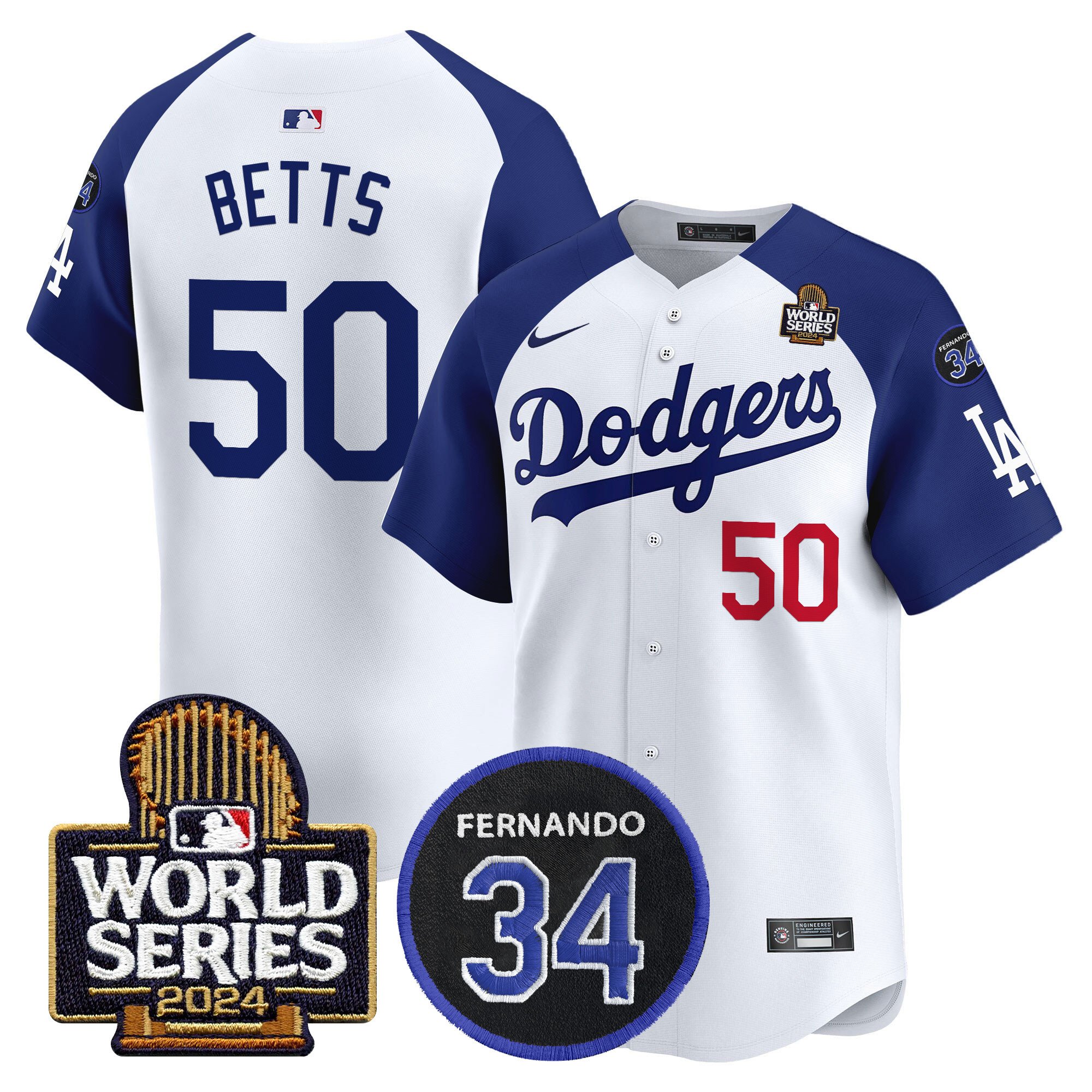 Men's Dodgers Fernando Memorial & 2024 World Series Patch Vapor Premier Limited Jersey V2 - All Stitched