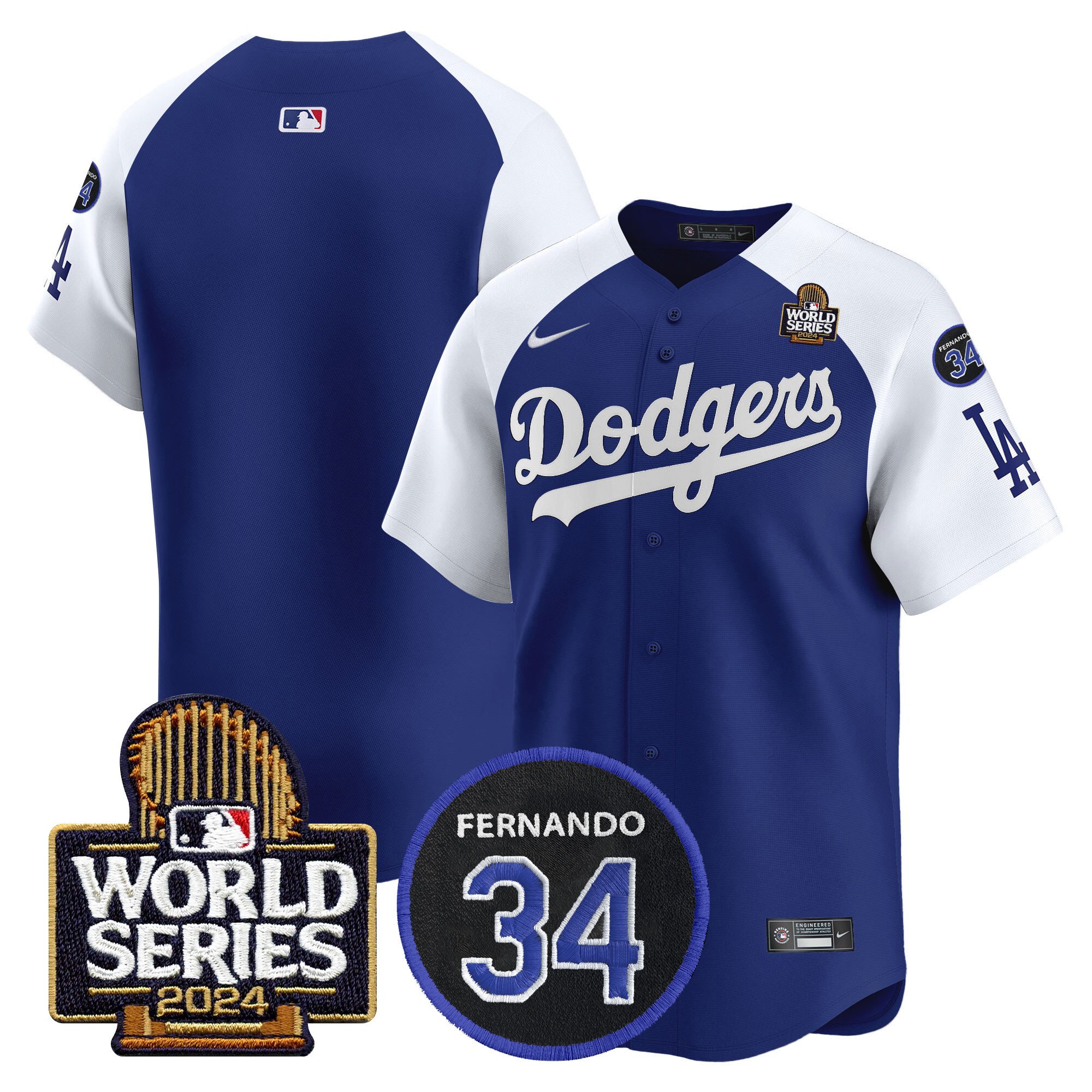 Men's Dodgers Fernando Memorial & 2024 World Series Patch Vapor Premier Limited Jersey V2 - All Stitched