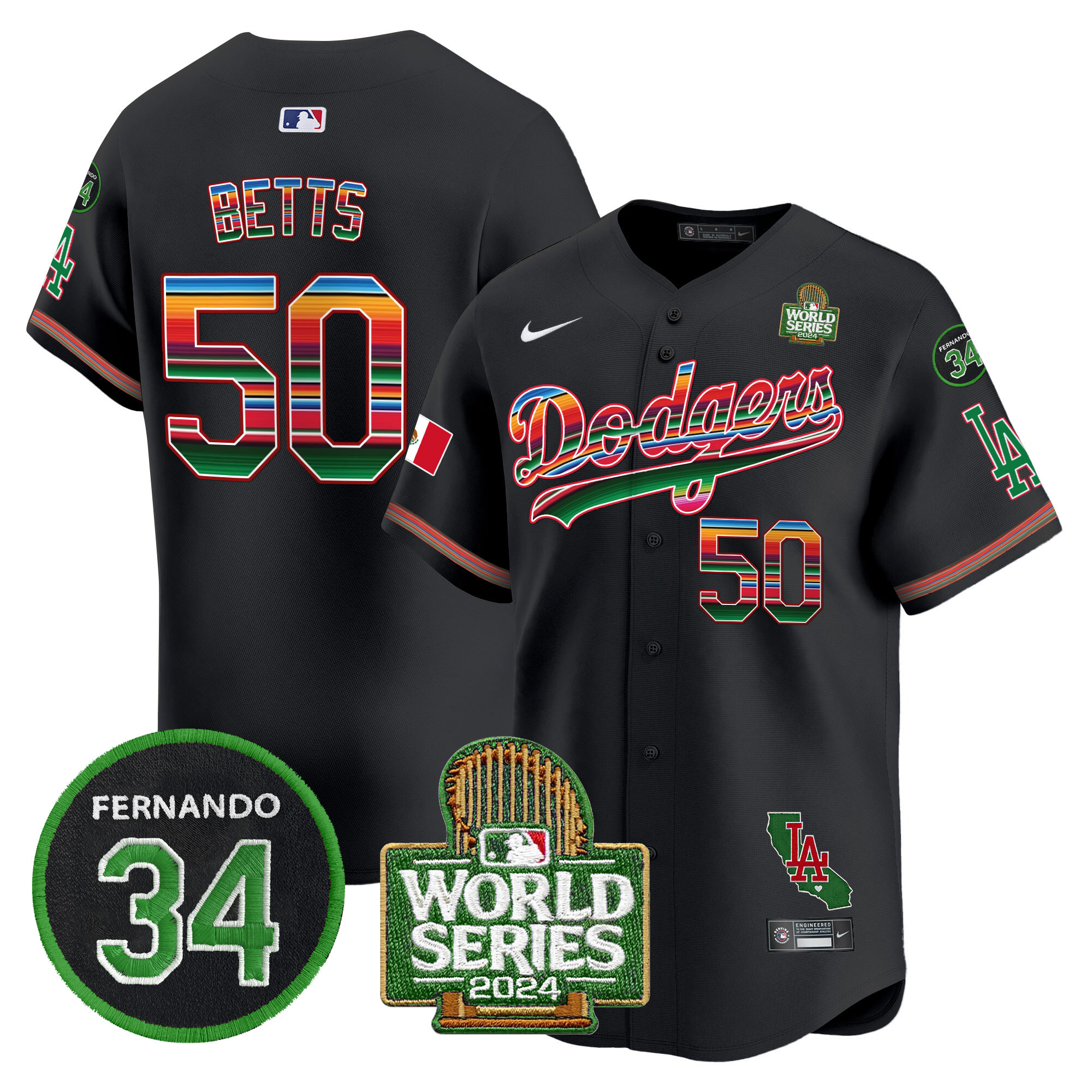 Men's Dodgers Mexico Fernando Memorial & 2024 World Series Patch Vapor Premier Limited Jersey V2 - All Stitched