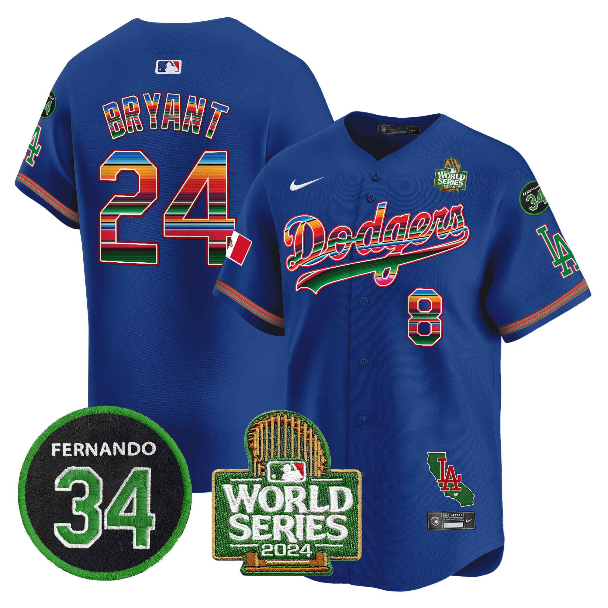 Men's Dodgers Mexico Fernando Memorial & 2024 World Series Patch Vapor Premier Limited Jersey V2 - All Stitched