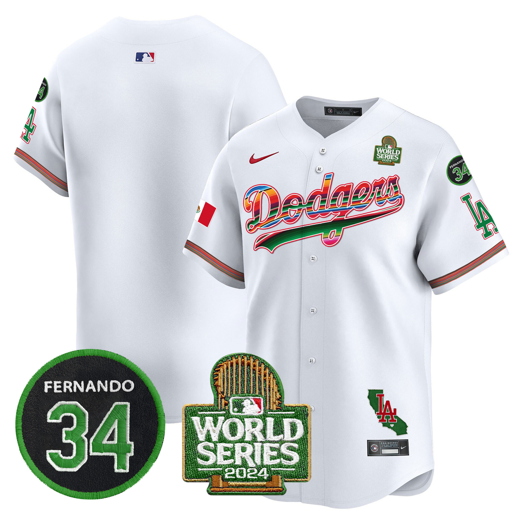 Men's Dodgers Mexico Fernando Memorial & 2024 World Series Patch Vapor Premier Limited Jersey V2 - All Stitched