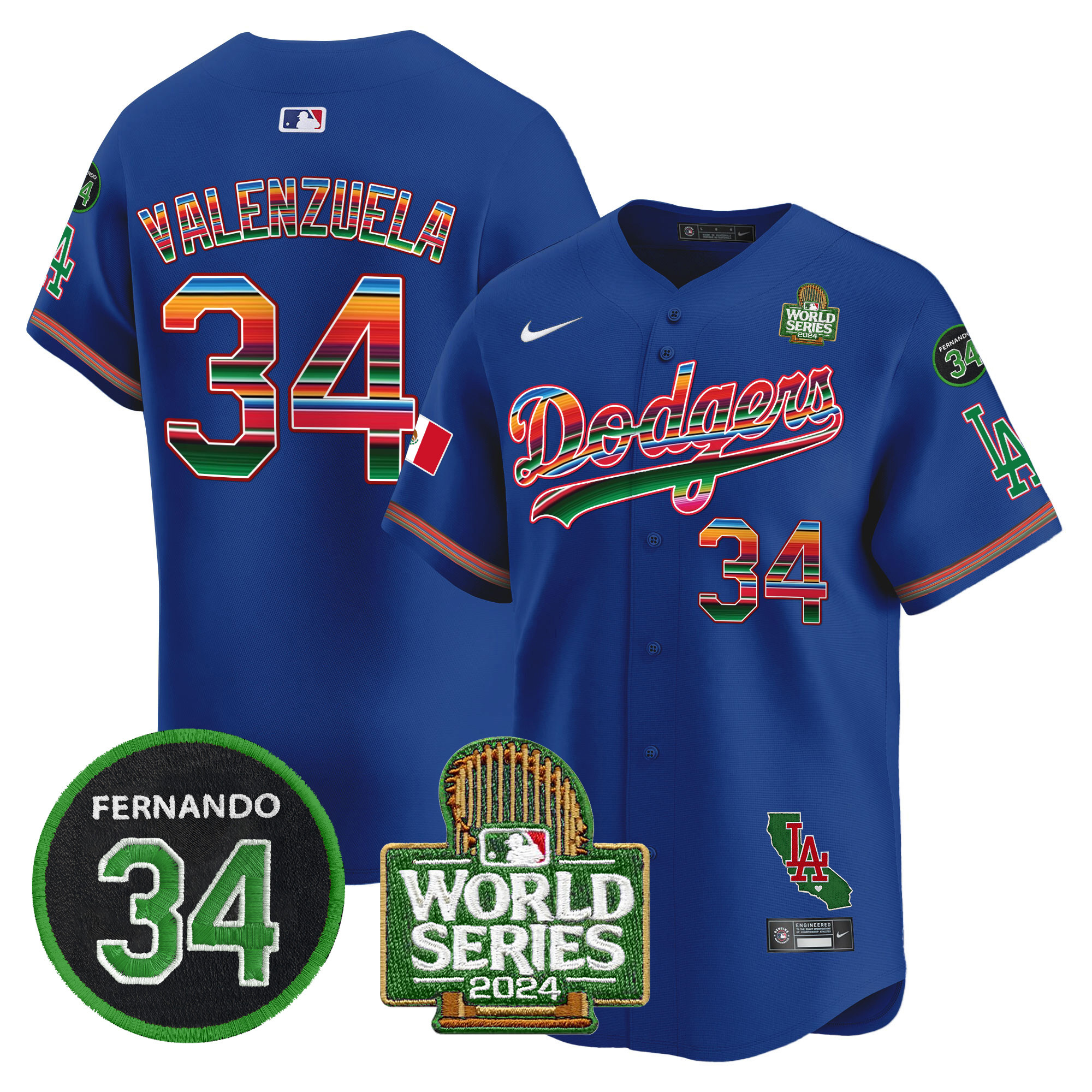 Men's Dodgers Mexico Fernando Memorial & 2024 World Series Patch Vapor Premier Limited Jersey V2 - All Stitched