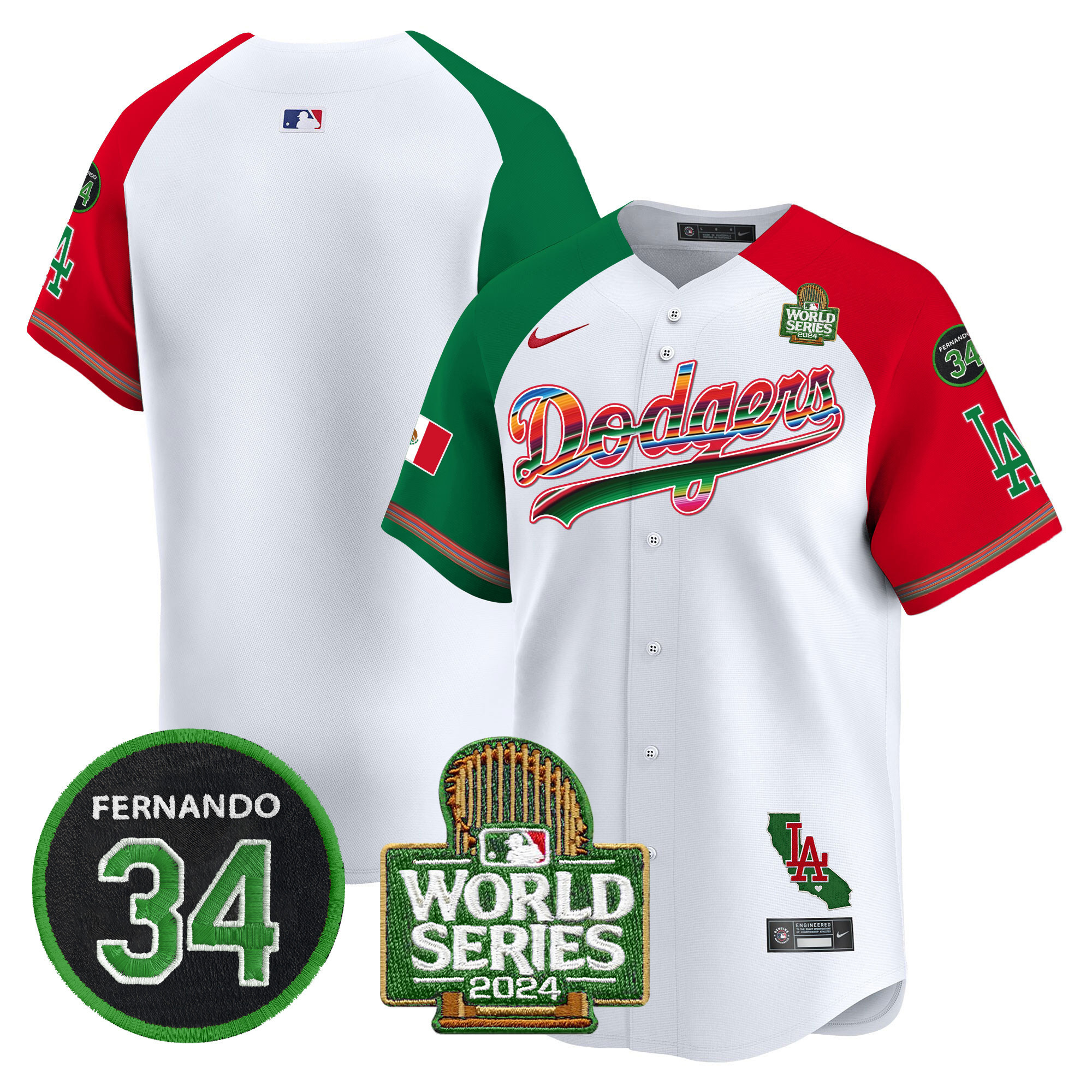 Men's Dodgers Mexico Fernando Memorial & 2024 World Series Patch Vapor Premier Limited Jersey V2 - All Stitched