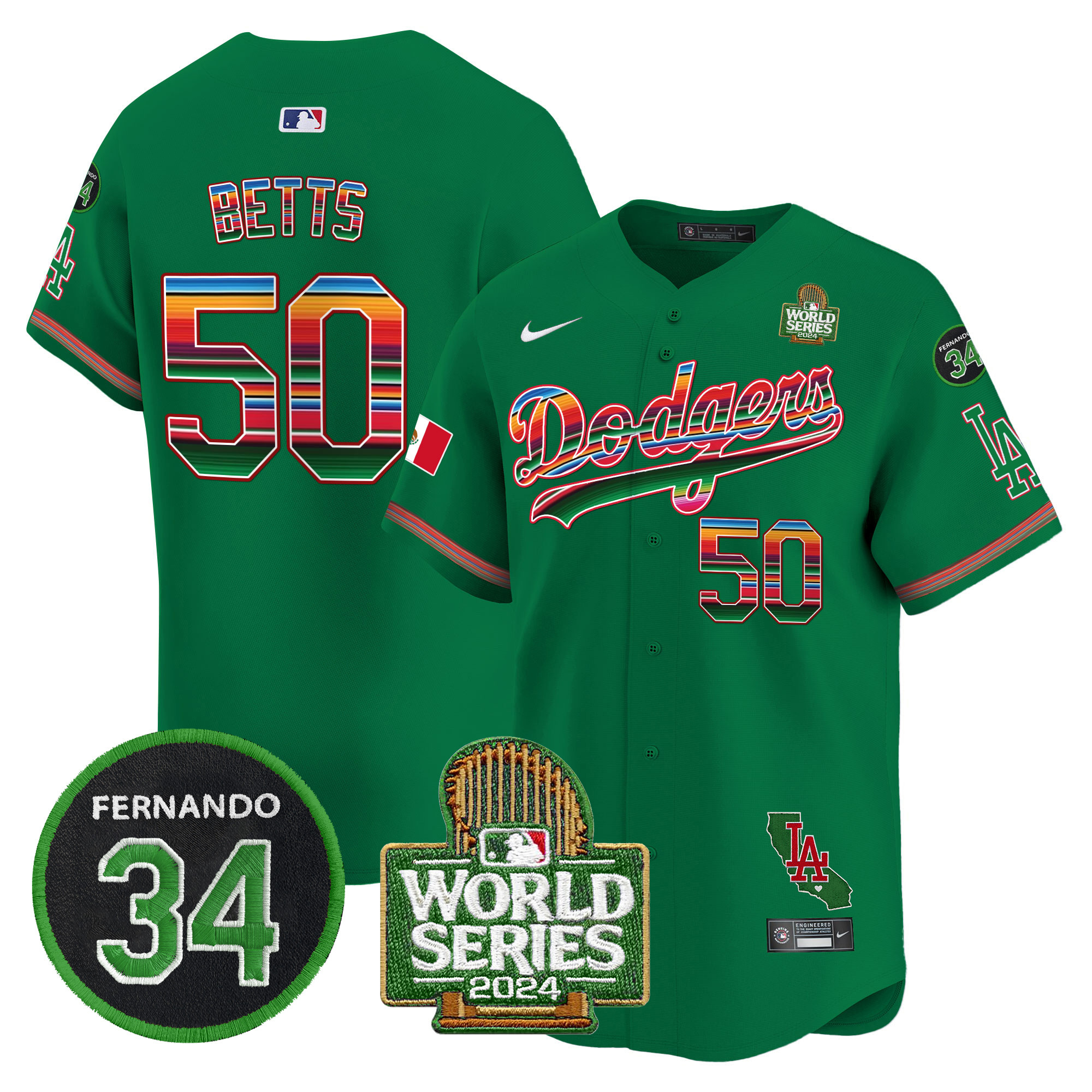 Men's Dodgers Mexico Fernando Memorial & 2024 World Series Patch Vapor Premier Limited Jersey V2 - All Stitched