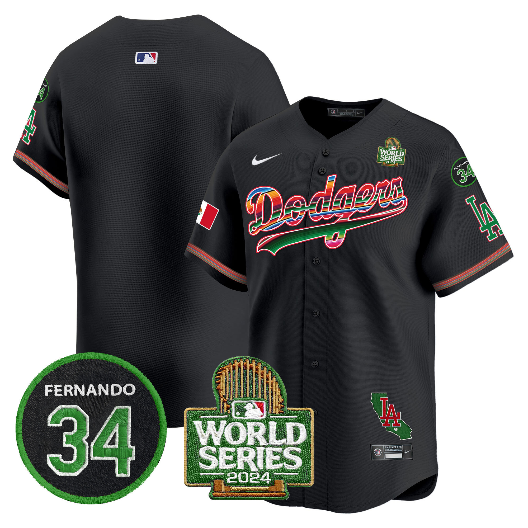 Men's Dodgers Mexico Fernando Memorial & 2024 World Series Patch Vapor Premier Limited Jersey V2 - All Stitched