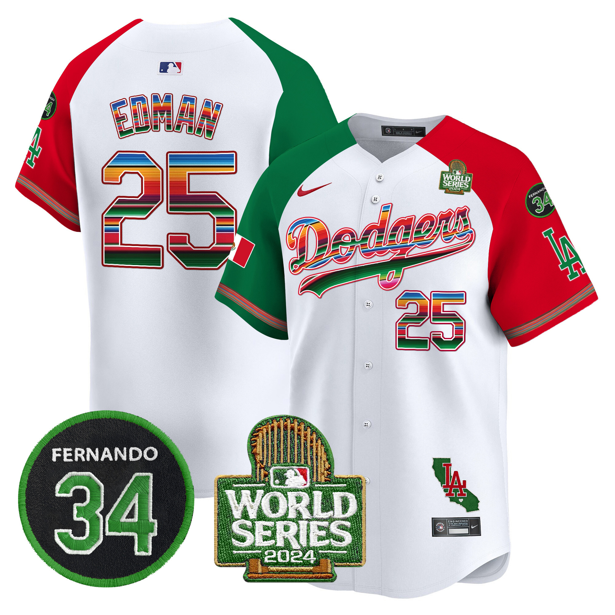 Men's Dodgers Mexico Fernando Memorial & 2024 World Series Patch Vapor Premier Limited Jersey V2 - All Stitched