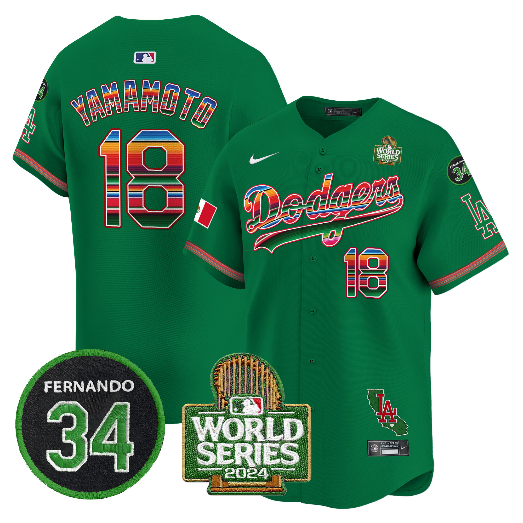 Men's Dodgers Mexico Fernando Memorial & 2024 World Series Patch Vapor Premier Limited Jersey V2 - All Stitched