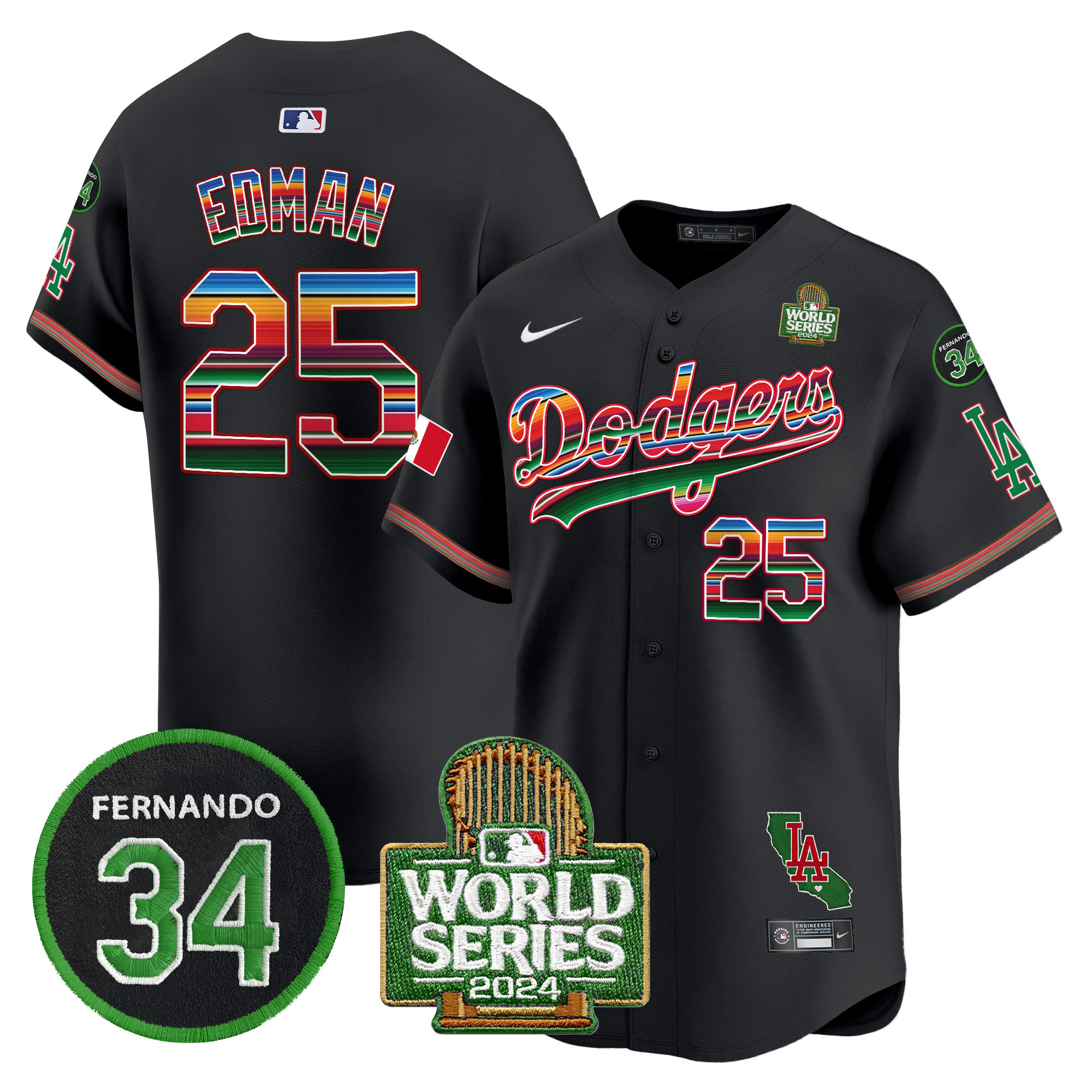 Men's Dodgers Mexico Fernando Memorial & 2024 World Series Patch Vapor Premier Limited Jersey V2 - All Stitched