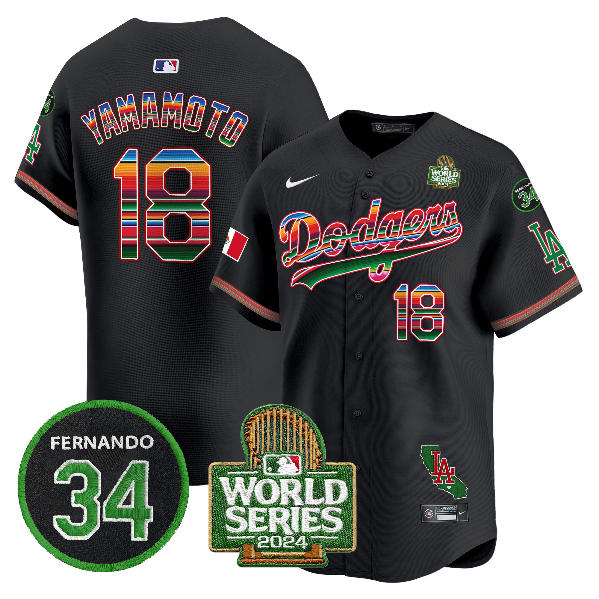 Men's Dodgers Mexico Fernando Memorial & 2024 World Series Patch Vapor Premier Limited Jersey V2 - All Stitched