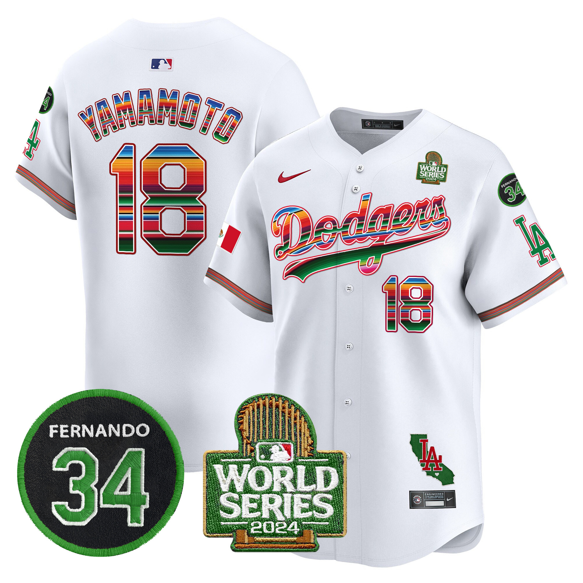 Men's Dodgers Mexico Fernando Memorial & 2024 World Series Patch Vapor Premier Limited Jersey V2 - All Stitched
