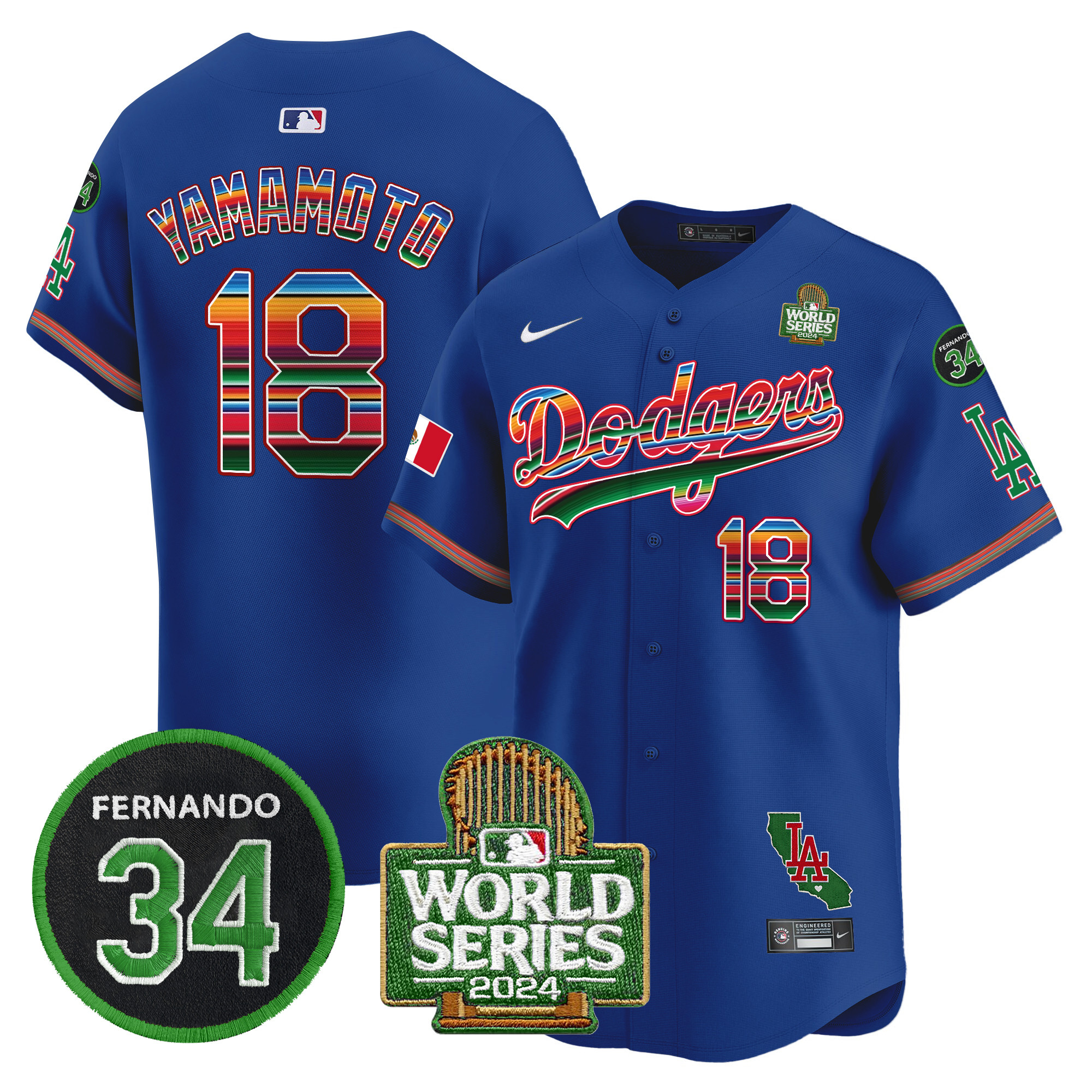 Men's Dodgers Mexico Fernando Memorial & 2024 World Series Patch Vapor Premier Limited Jersey V2 - All Stitched