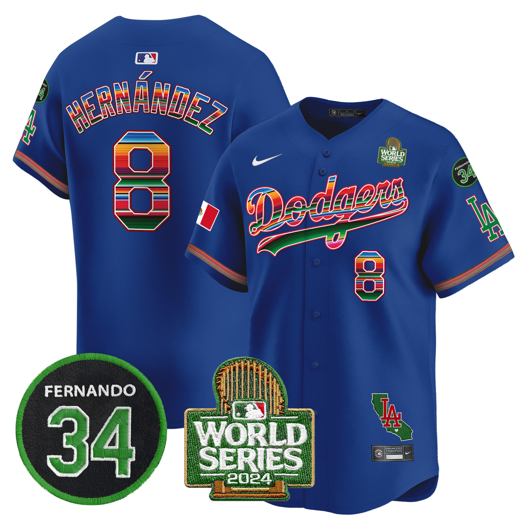 Men's Dodgers Mexico Fernando Memorial & 2024 World Series Patch Vapor Premier Limited Jersey V2 - All Stitched