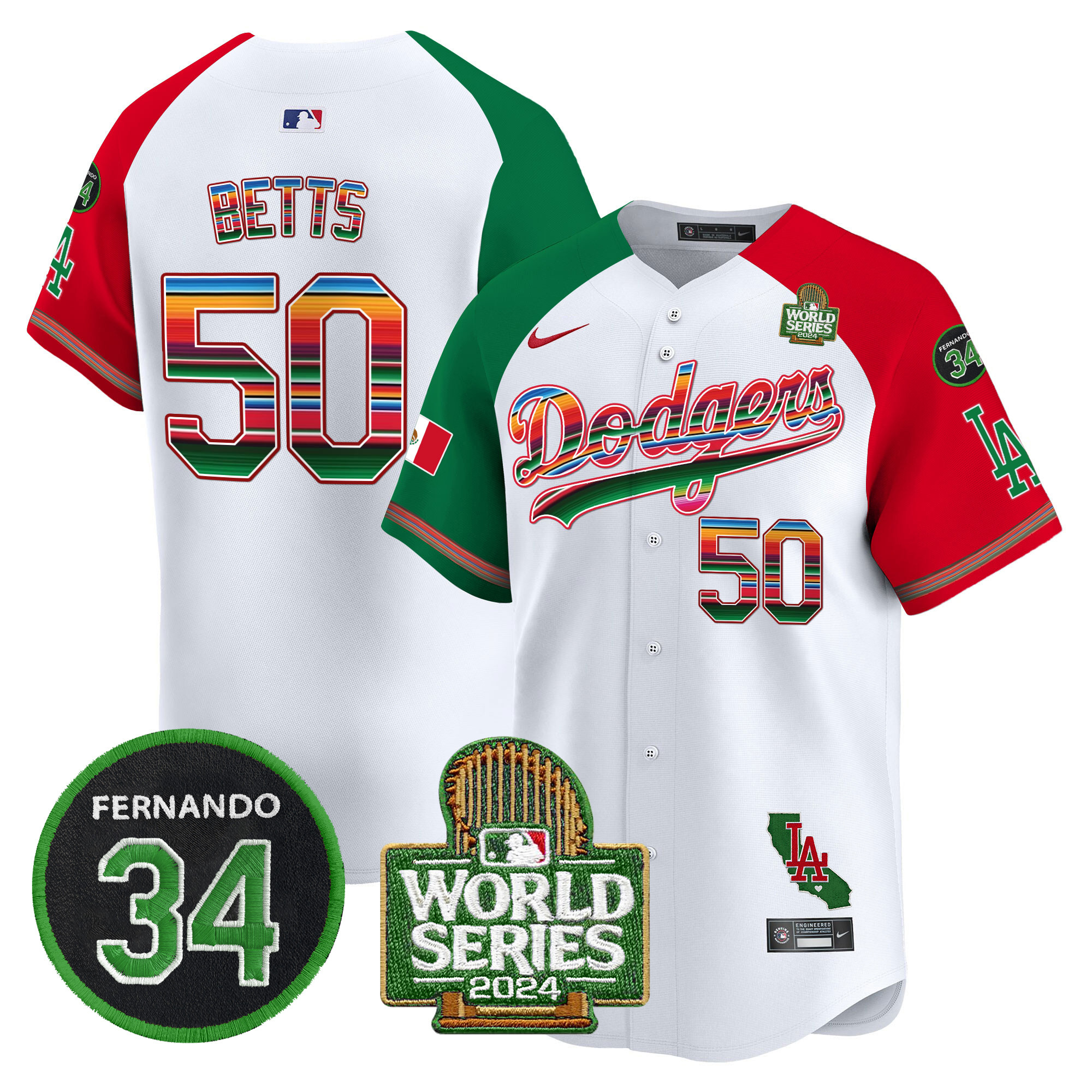 Men's Dodgers Mexico Fernando Memorial & 2024 World Series Patch Vapor Premier Limited Jersey V2 - All Stitched