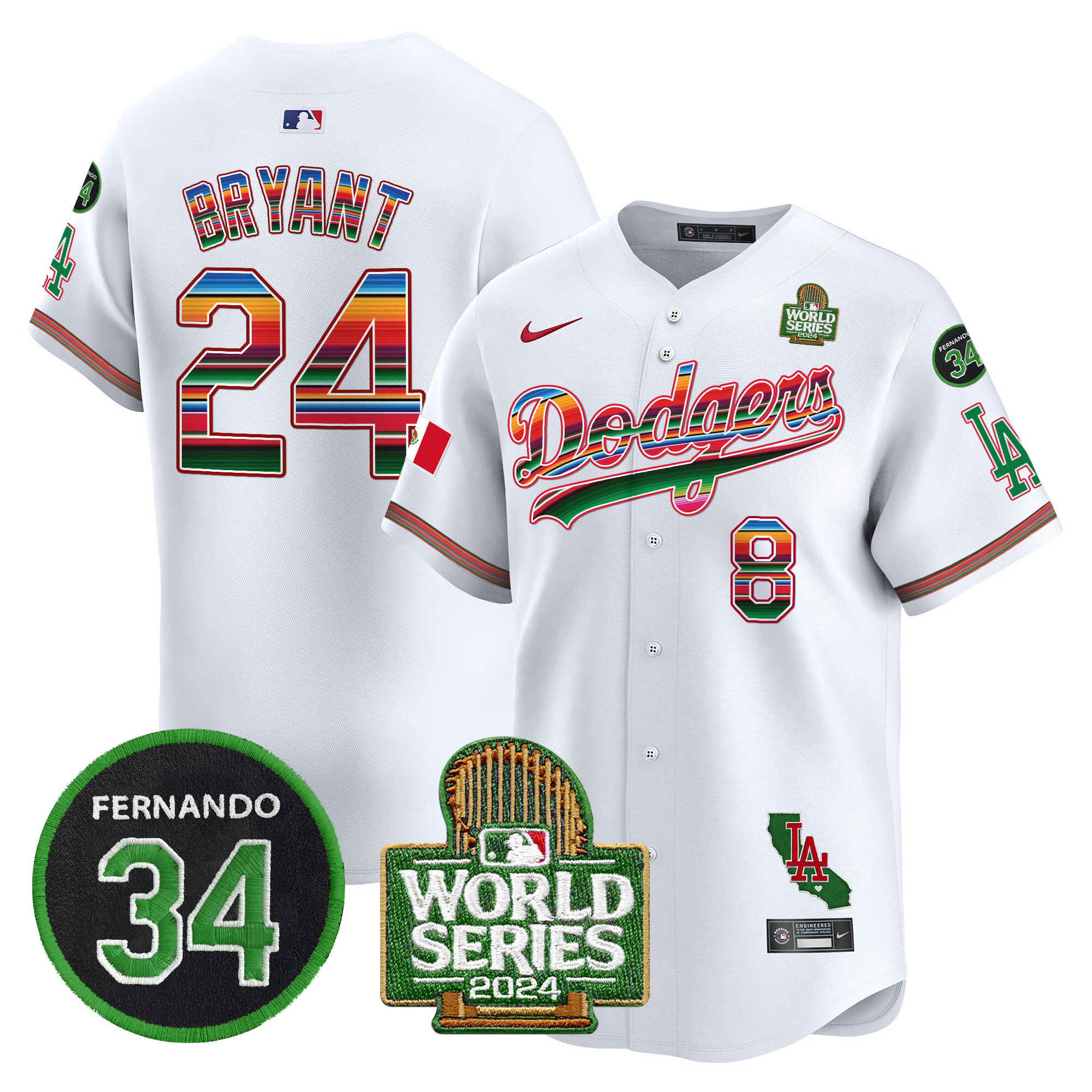 Men's Dodgers Mexico Fernando Memorial & 2024 World Series Patch Vapor Premier Limited Jersey V2 - All Stitched