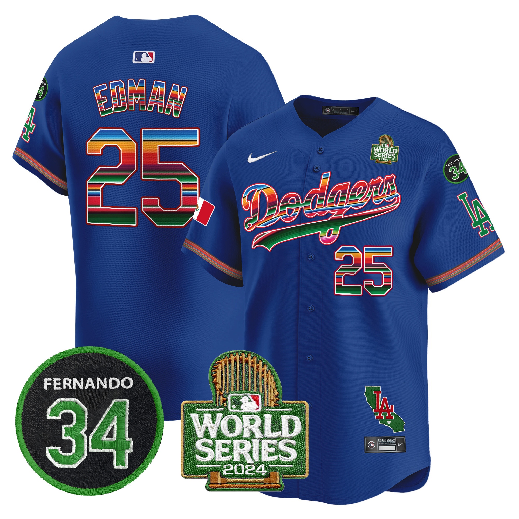 Men's Dodgers Mexico Fernando Memorial & 2024 World Series Patch Vapor Premier Limited Jersey V2 - All Stitched