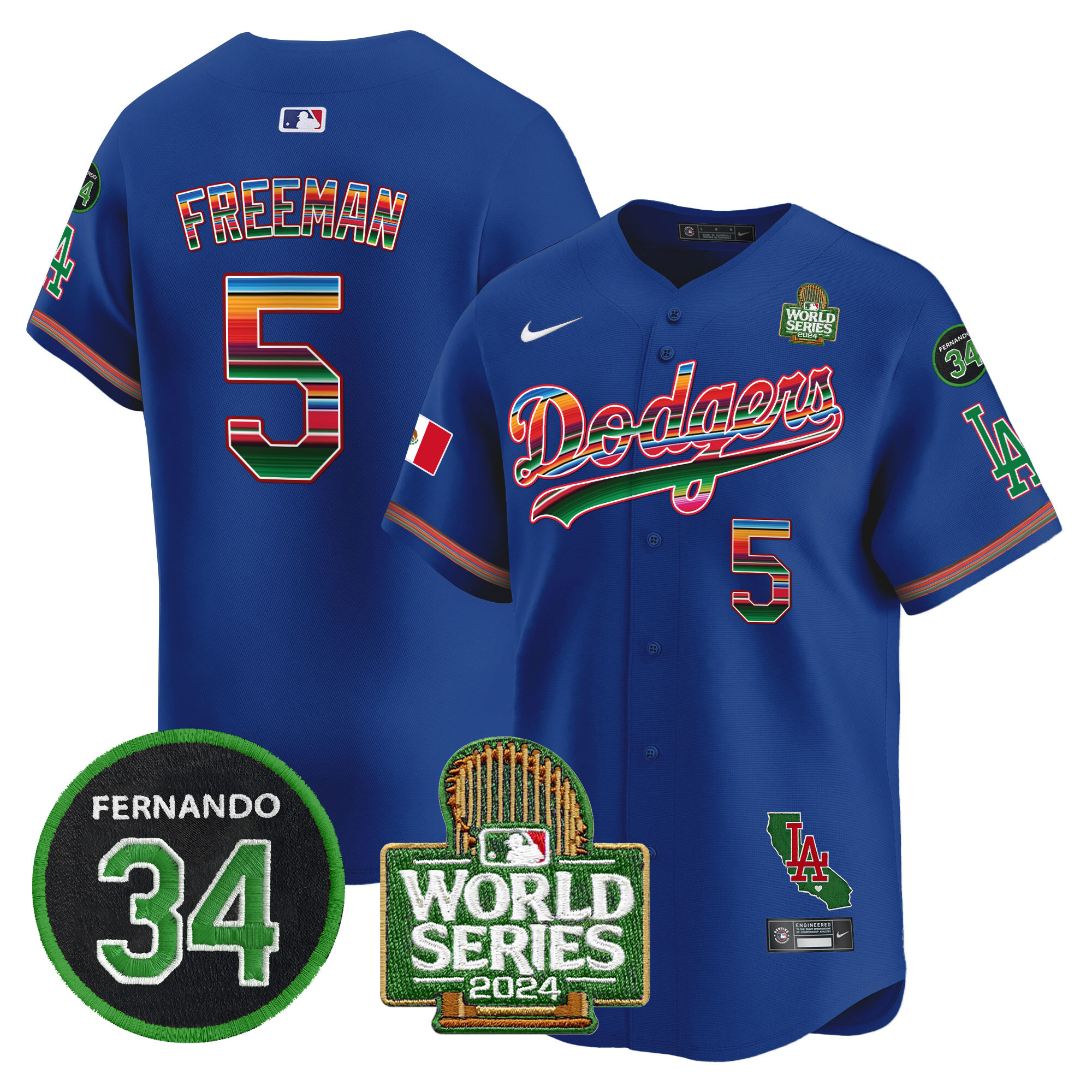 Men's Dodgers Mexico Fernando Memorial & 2024 World Series Patch Vapor Premier Limited Jersey V2 - All Stitched
