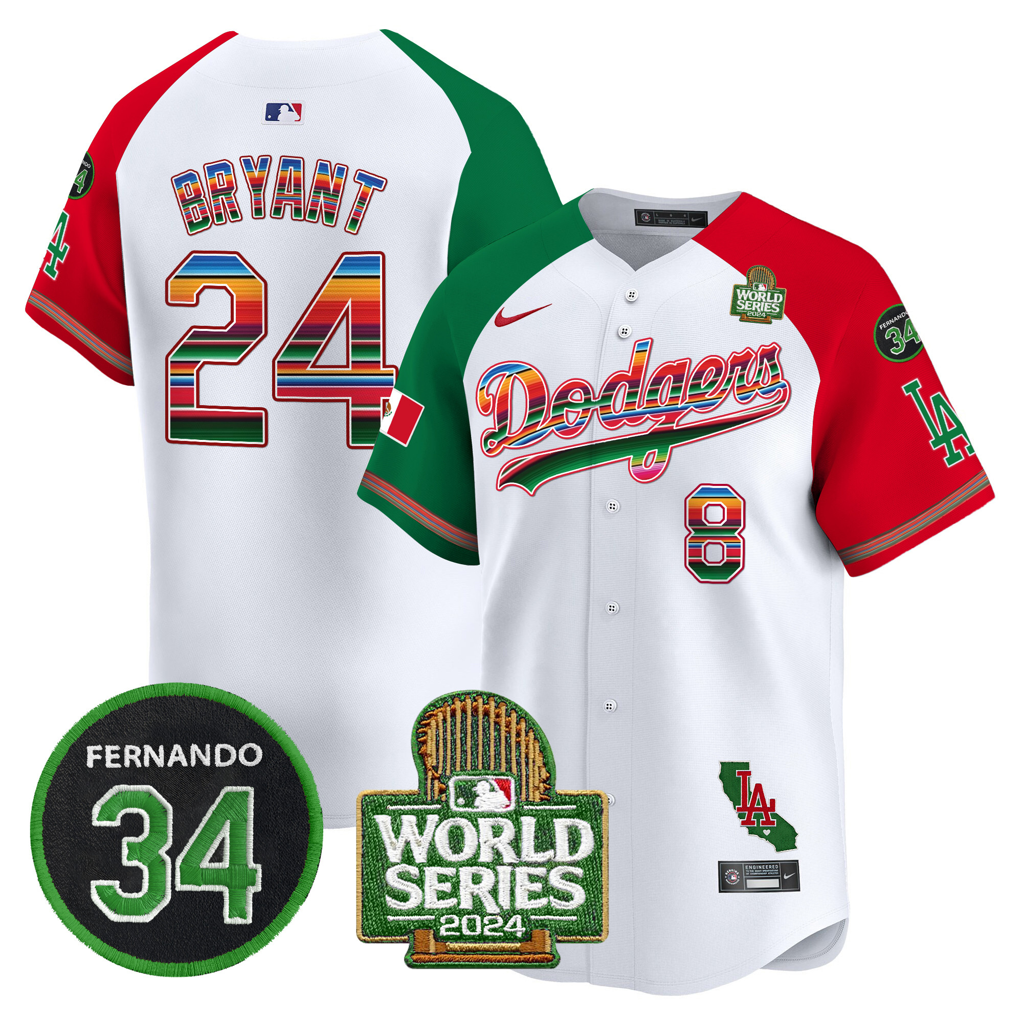 Men's Dodgers Mexico Fernando Memorial & 2024 World Series Patch Vapor Premier Limited Jersey V2 - All Stitched