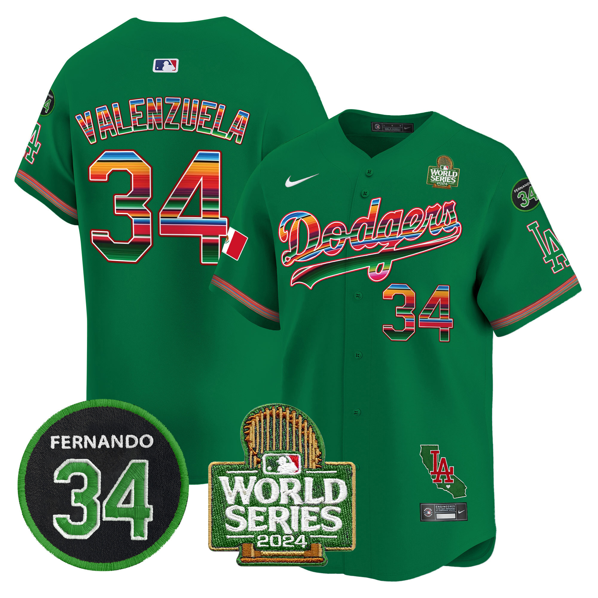 Men's Dodgers Mexico Fernando Memorial & 2024 World Series Patch Vapor Premier Limited Jersey V2 - All Stitched