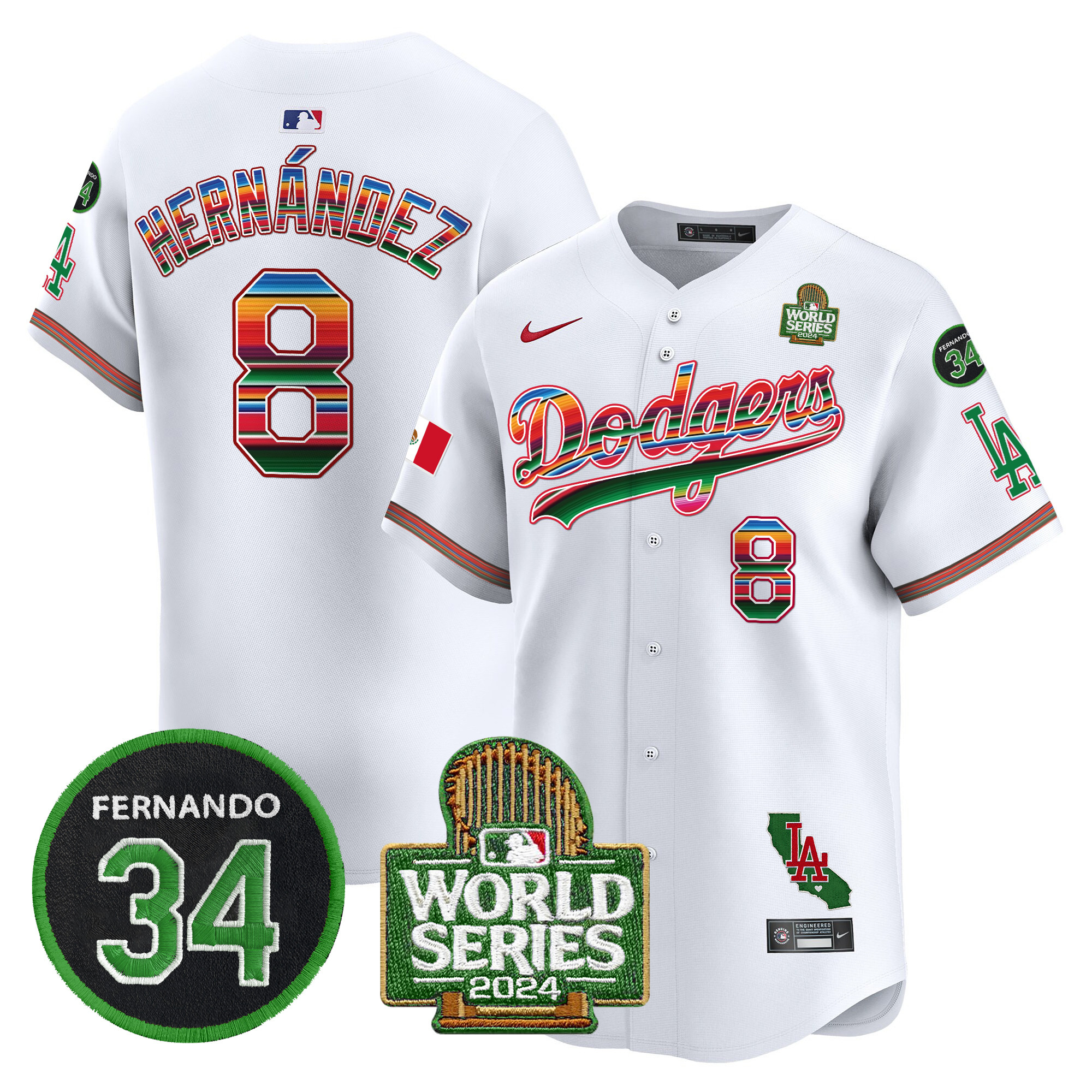Men's Dodgers Mexico Fernando Memorial & 2024 World Series Patch Vapor Premier Limited Jersey V2 - All Stitched