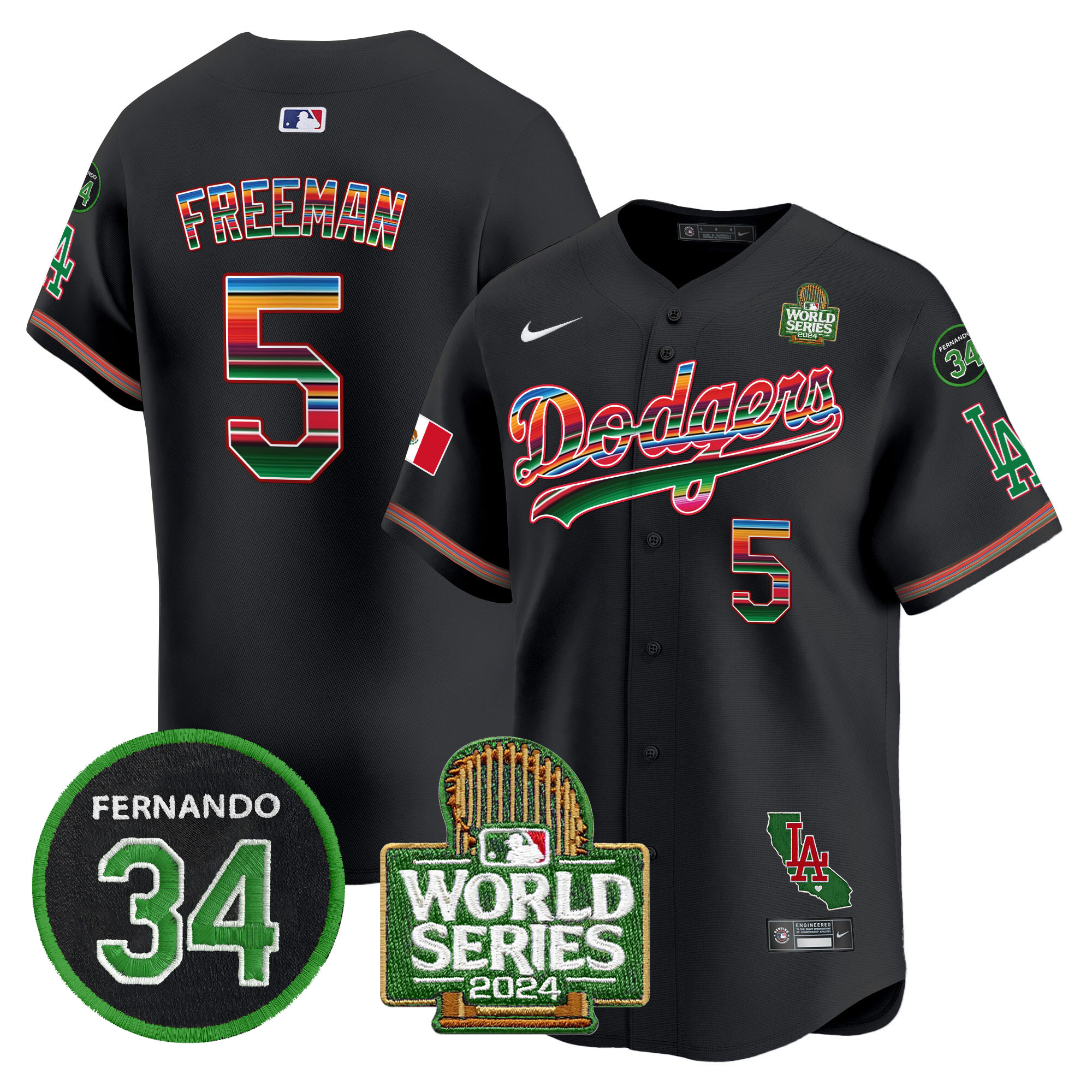 Men's Dodgers Mexico Fernando Memorial & 2024 World Series Patch Vapor Premier Limited Jersey V2 - All Stitched