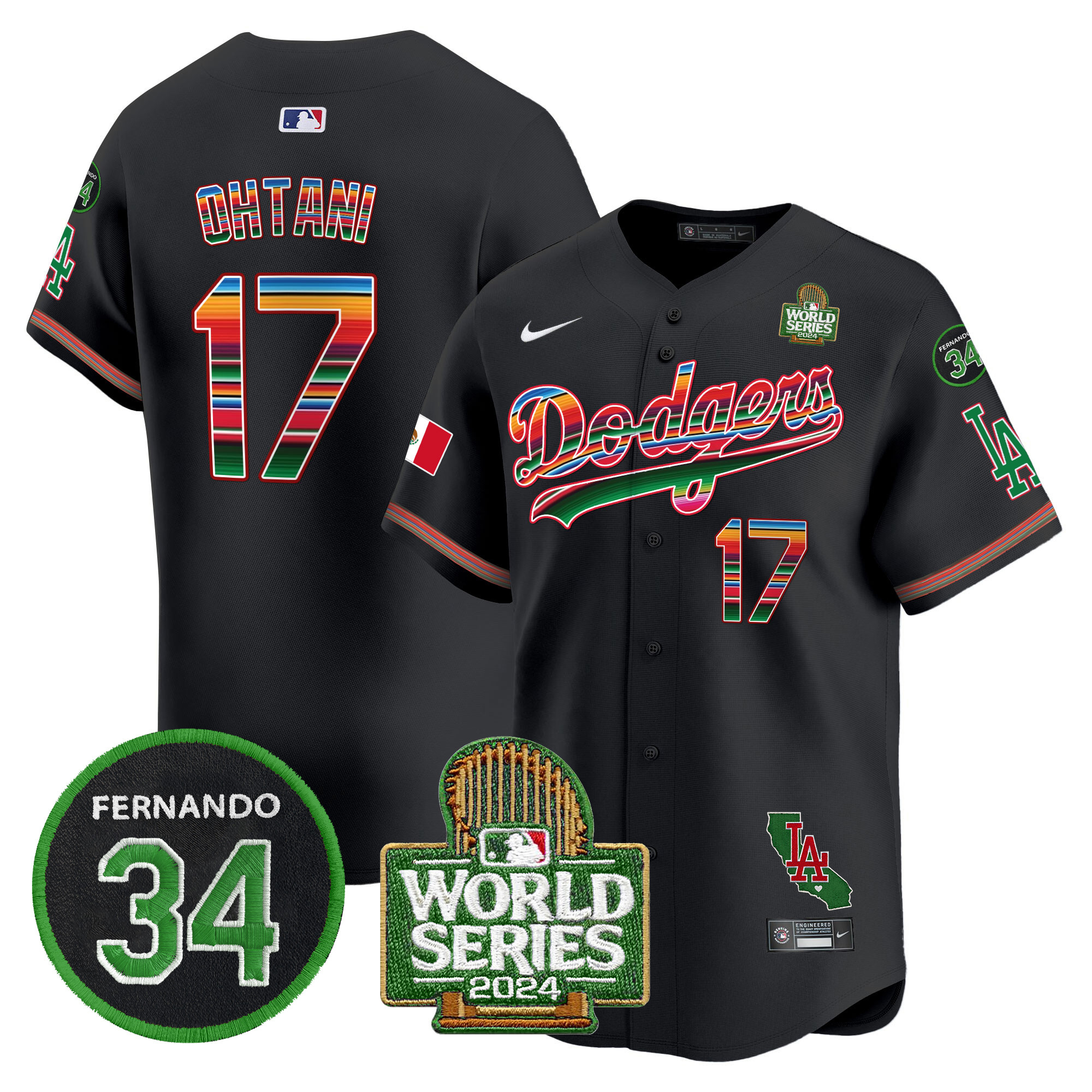 Men's Dodgers Mexico Fernando Memorial & 2024 World Series Patch Vapor Premier Limited Jersey V2 - All Stitched