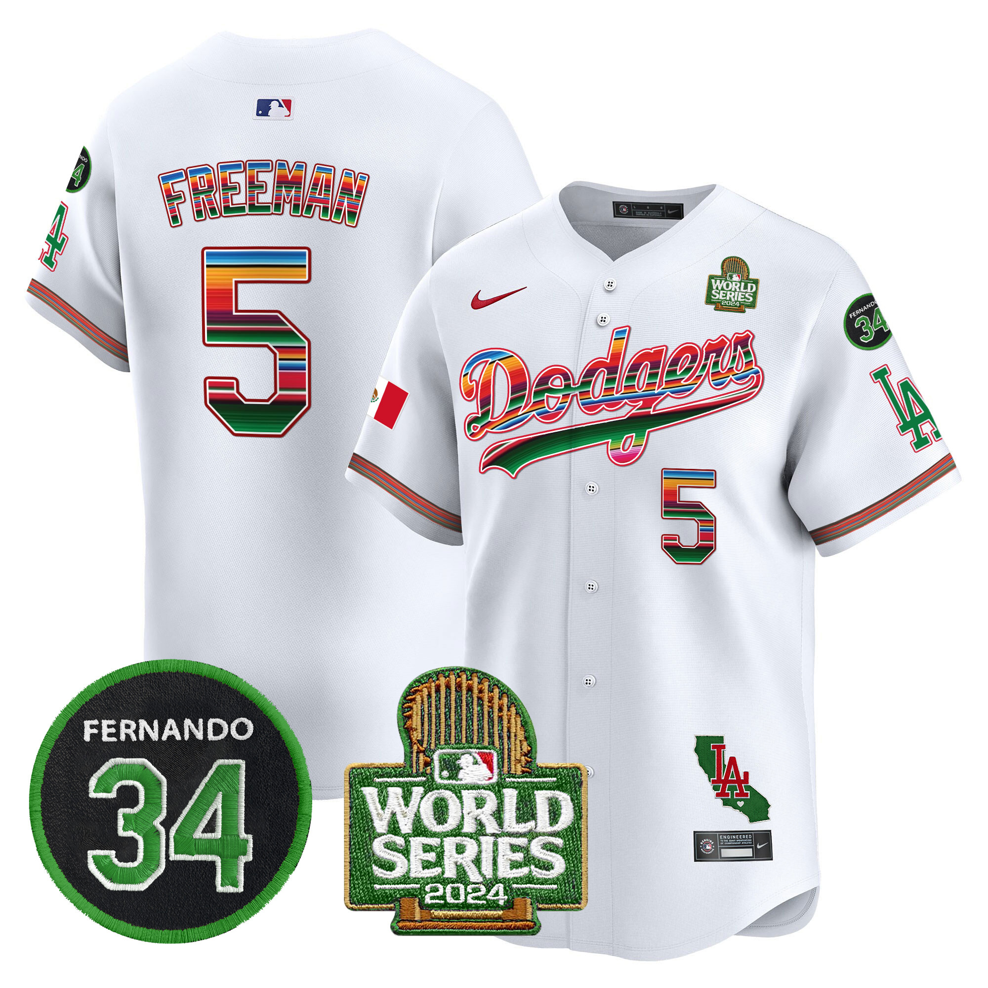 Men's Dodgers Mexico Fernando Memorial & 2024 World Series Patch Vapor Premier Limited Jersey V2 - All Stitched