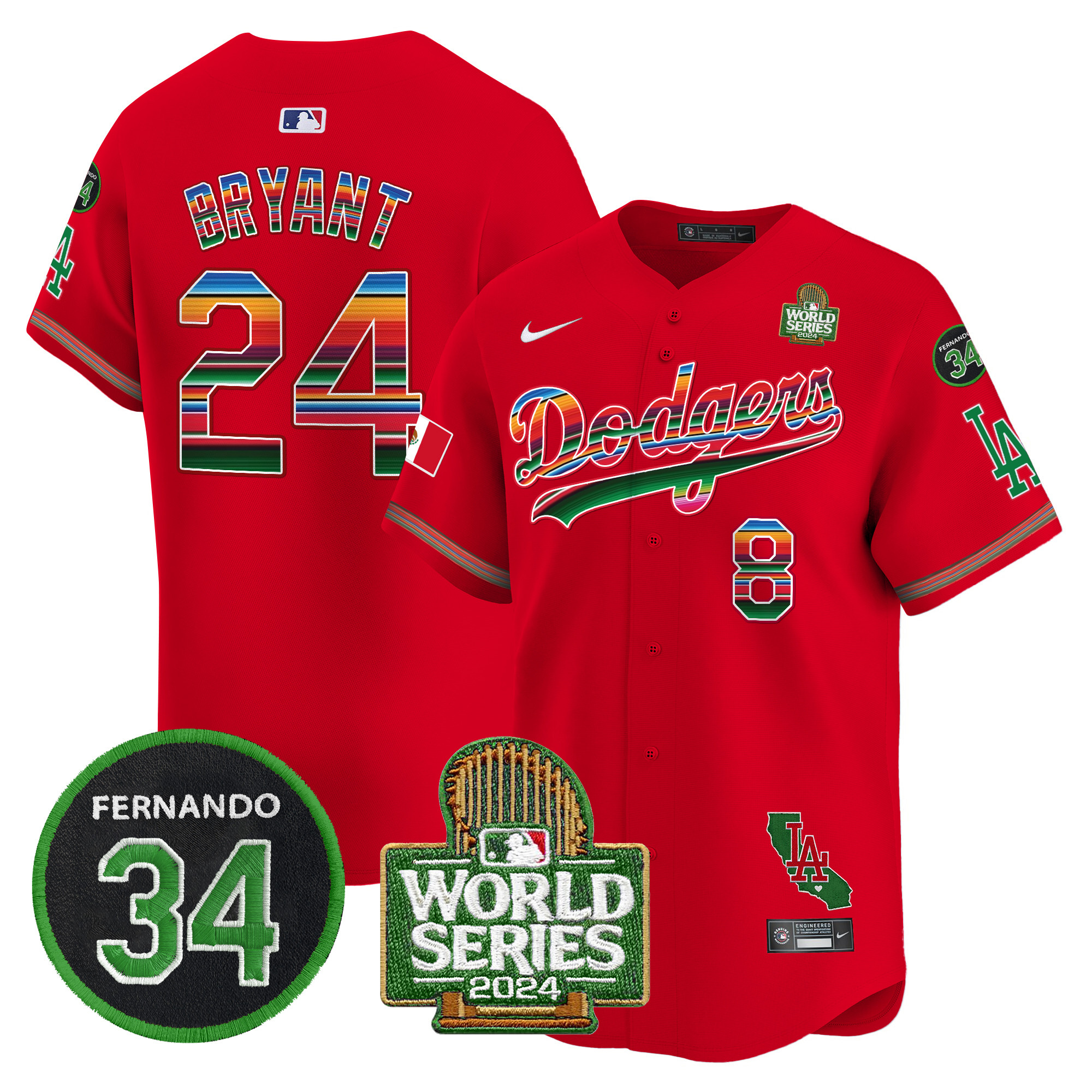 Men's Dodgers Mexico Fernando Memorial & 2024 World Series Patch Vapor Premier Limited Jersey V2 - All Stitched