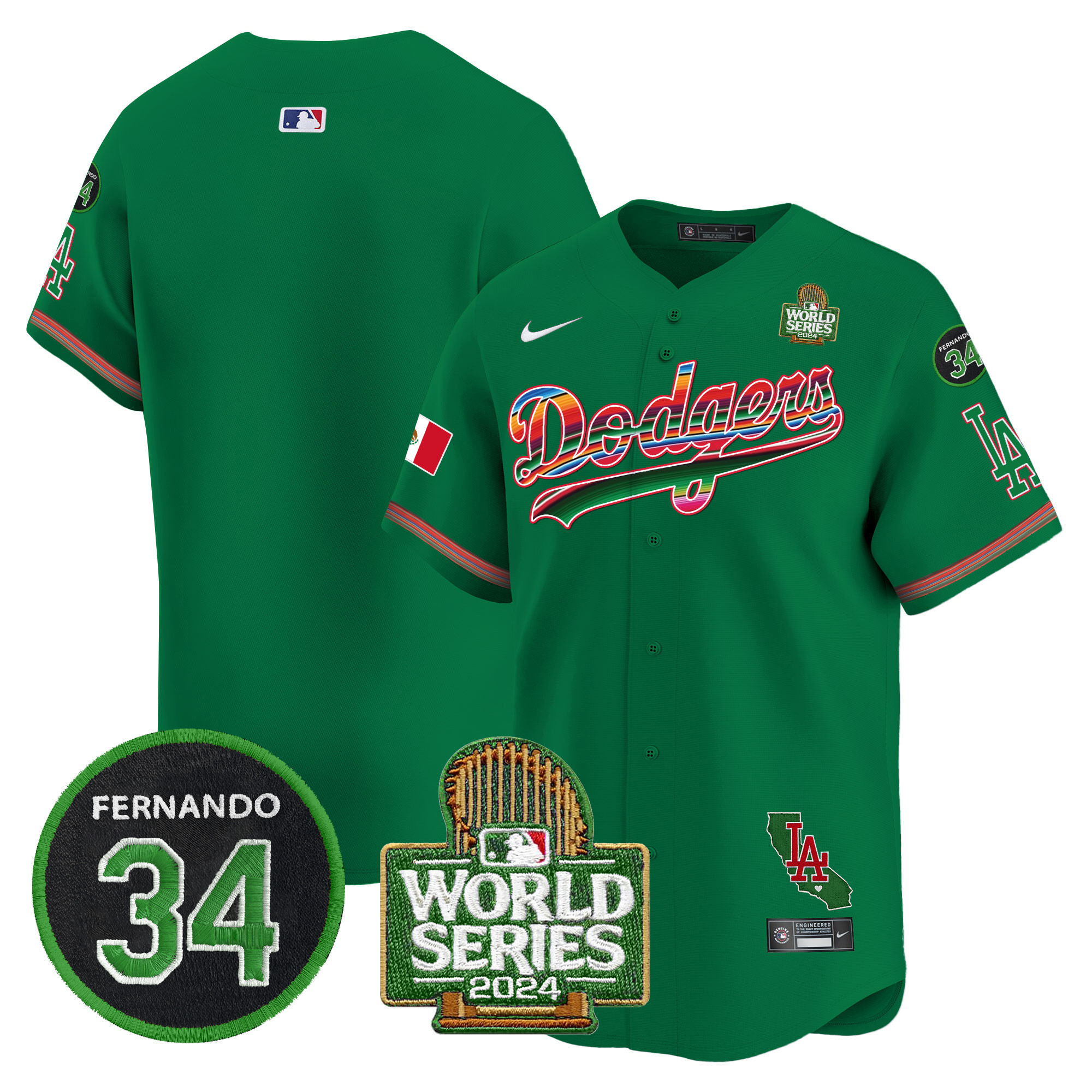 Men's Dodgers Mexico Fernando Memorial & 2024 World Series Patch Vapor Premier Limited Jersey V2 - All Stitched