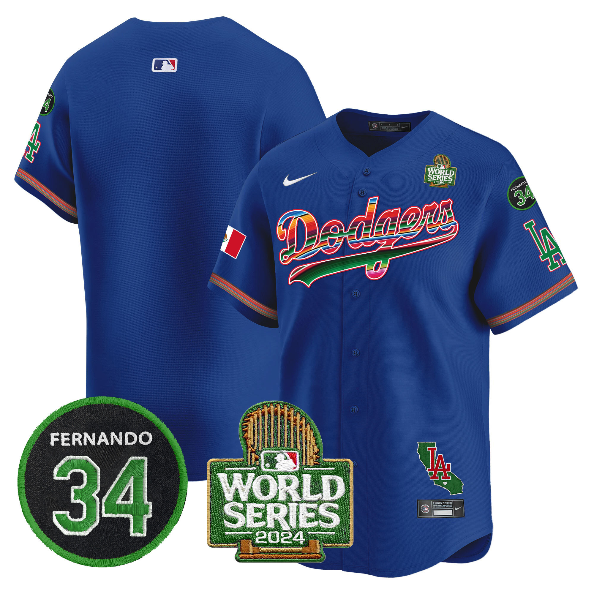 Men's Dodgers Mexico Fernando Memorial & 2024 World Series Patch Vapor Premier Limited Jersey V2 - All Stitched