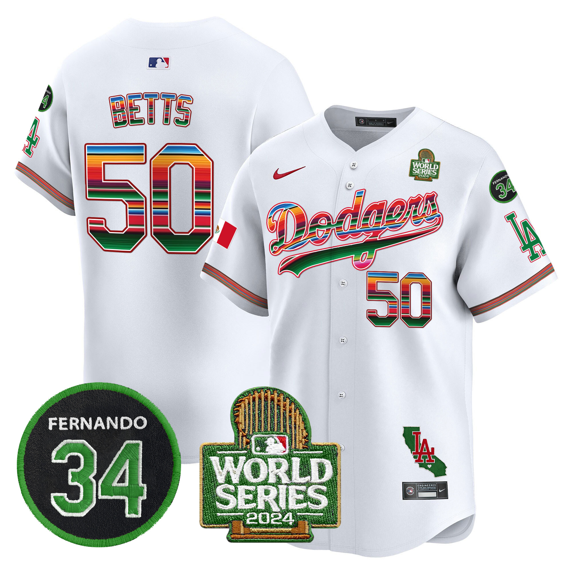 Men's Dodgers Mexico Fernando Memorial & 2024 World Series Patch Vapor Premier Limited Jersey V2 - All Stitched