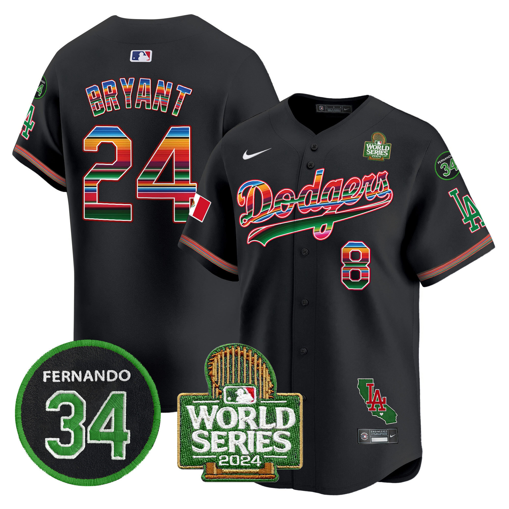 Men's Dodgers Mexico Fernando Memorial & 2024 World Series Patch Vapor Premier Limited Jersey V2 - All Stitched