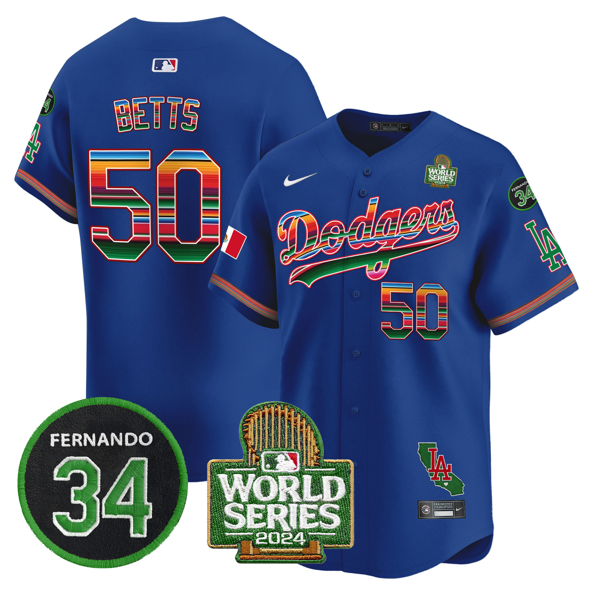 Men's Dodgers Mexico Fernando Memorial & 2024 World Series Patch Vapor Premier Limited Jersey V2 - All Stitched