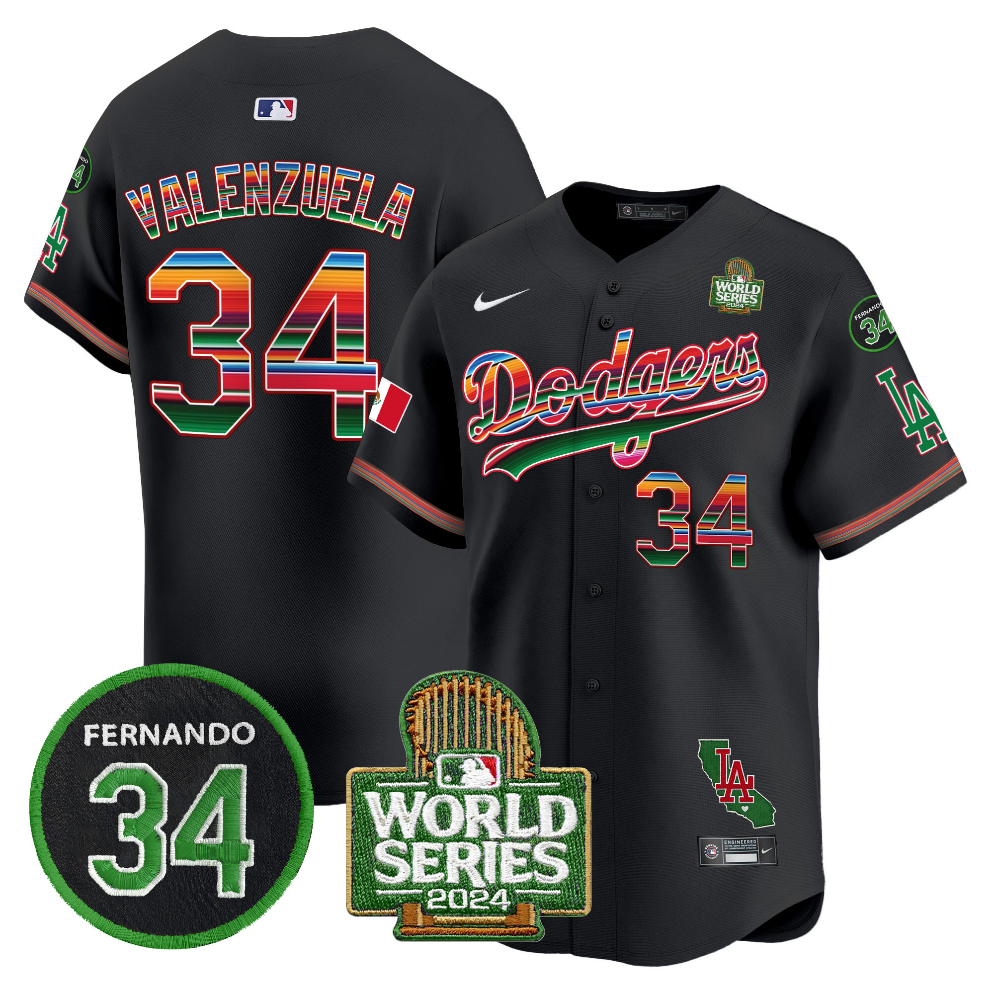 Men's Dodgers Mexico Fernando Memorial & 2024 World Series Patch Vapor Premier Limited Jersey V2 - All Stitched
