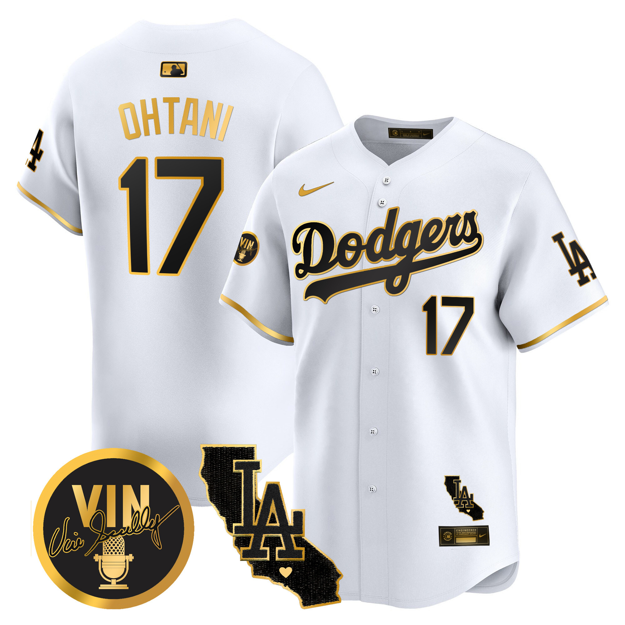 Men's Dodgers Vin & California Patch Gold Vapor Premier Limited Jersey - All Stitched