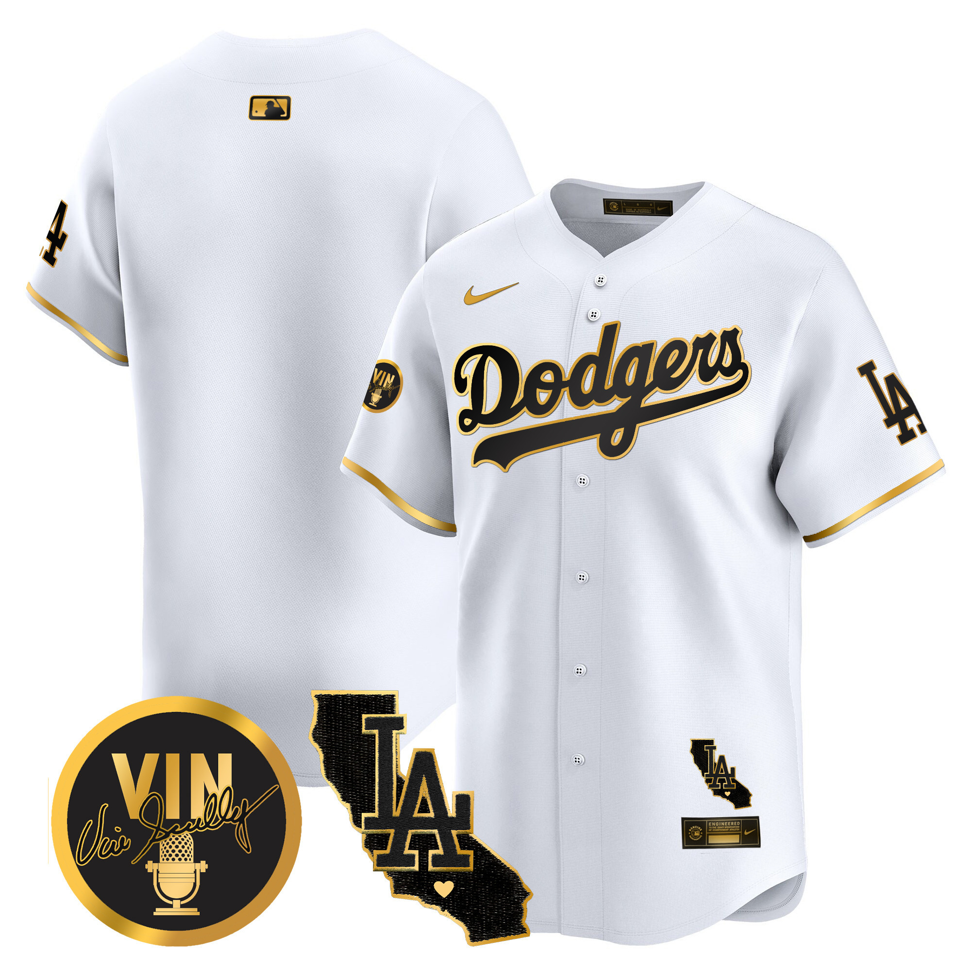 Men's Dodgers Vin & California Patch Gold Vapor Premier Limited Jersey - All Stitched