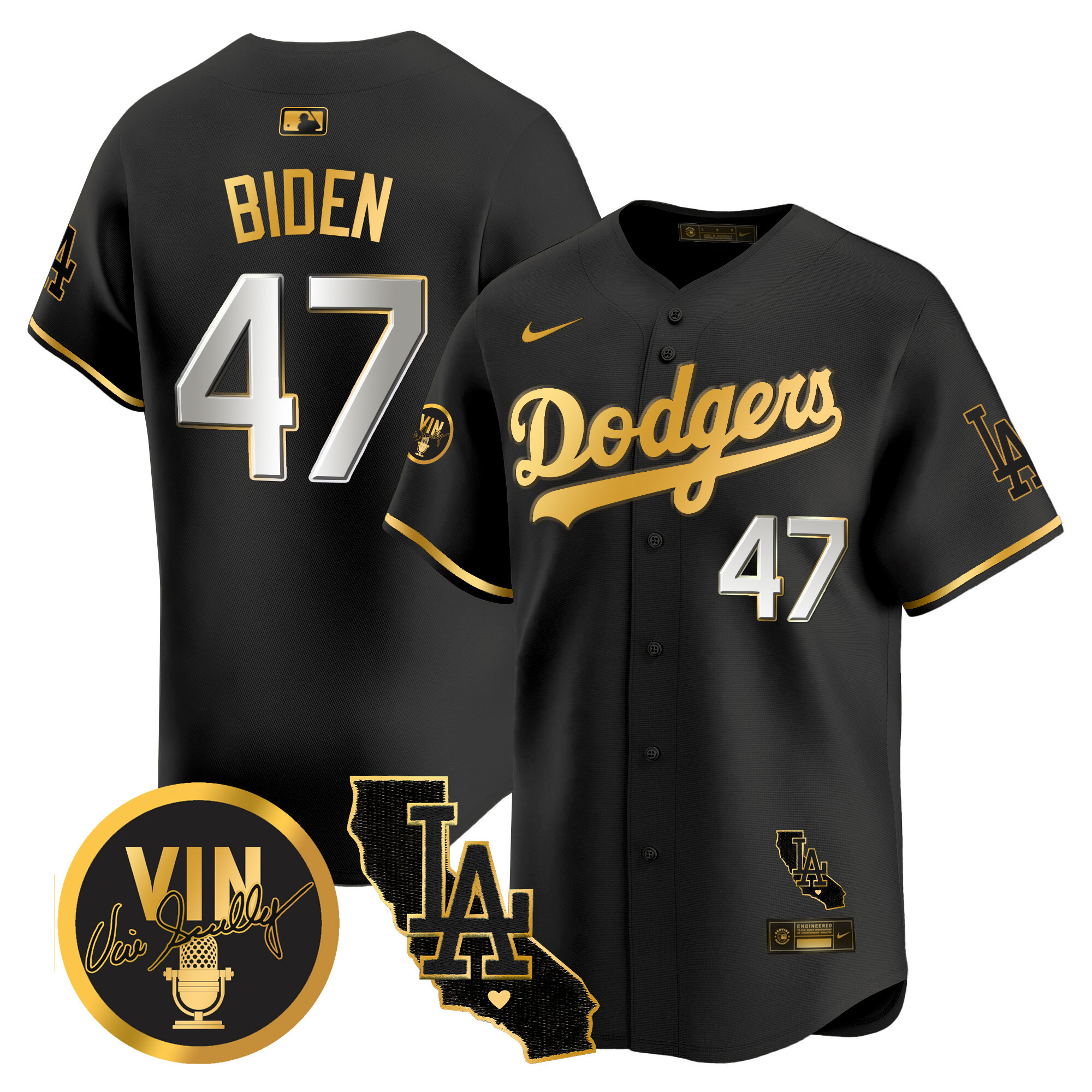 Men's Dodgers Vin & California Patch Gold Vapor Premier Limited Jersey - All Stitched