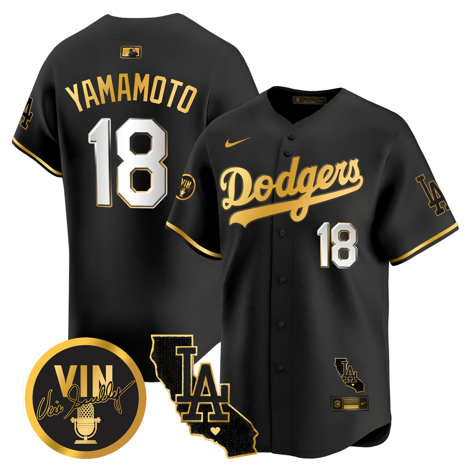 Men's Dodgers Vin & California Patch Gold Vapor Premier Limited Jersey - All Stitched