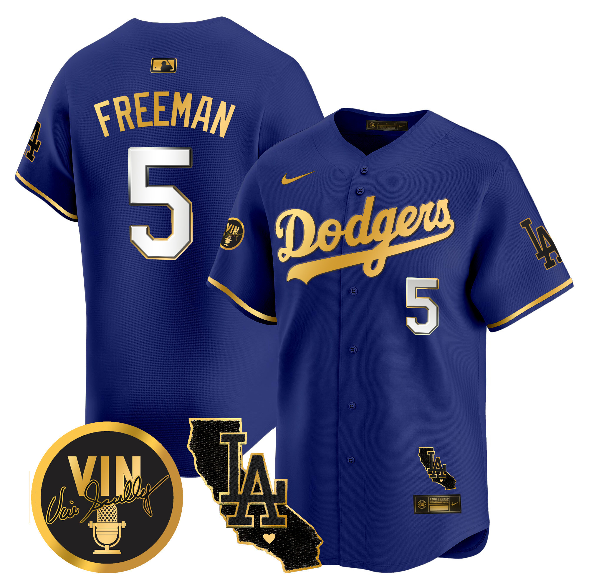 Men's Dodgers Vin & California Patch Gold Vapor Premier Limited Jersey - All Stitched