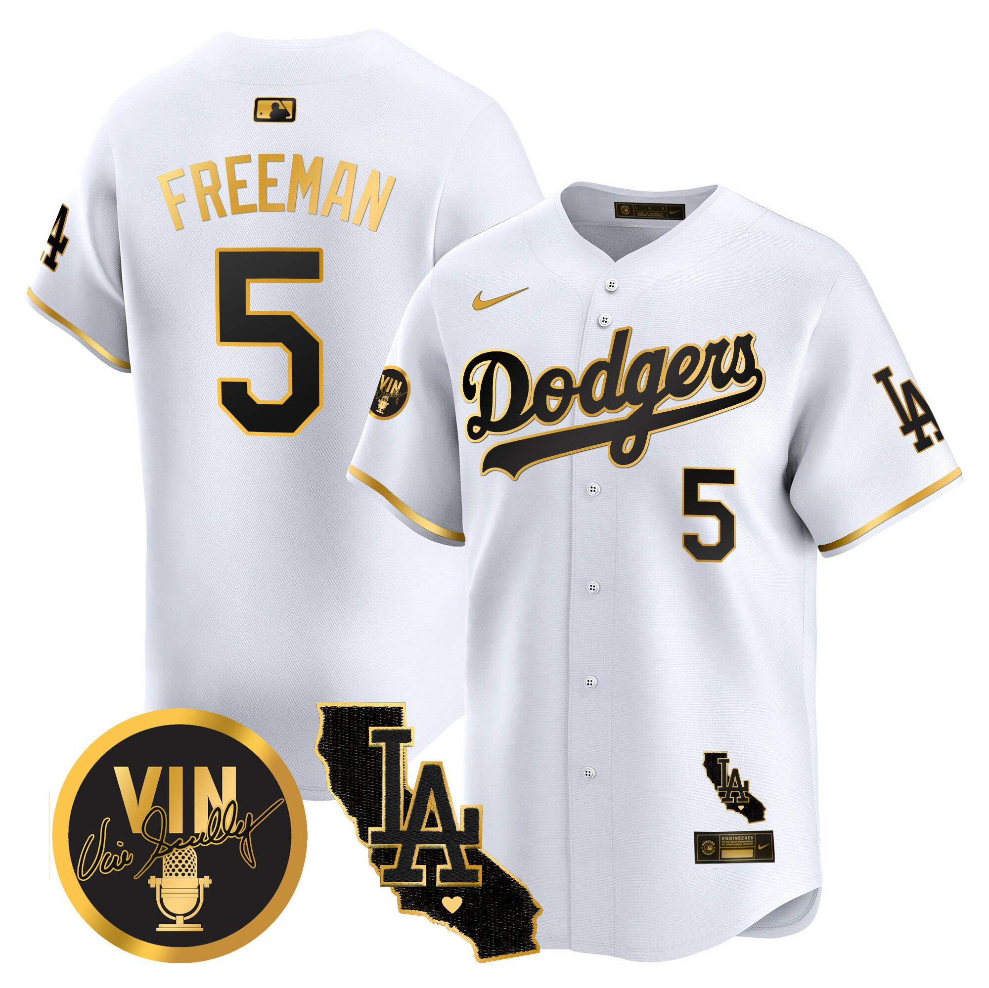 Men's Dodgers Vin & California Patch Gold Vapor Premier Limited Jersey - All Stitched