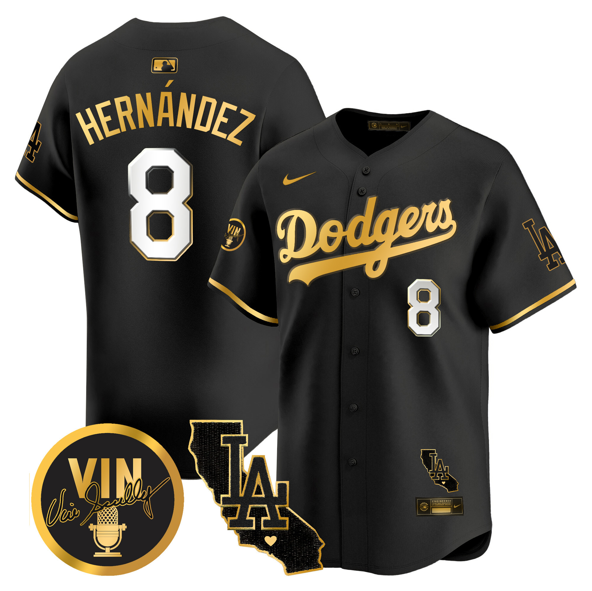 Men's Dodgers Vin & California Patch Gold Vapor Premier Limited Jersey - All Stitched