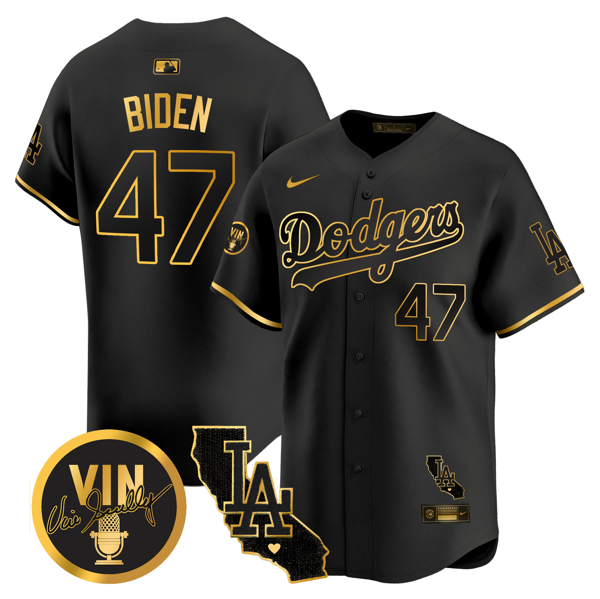 Men's Dodgers Vin & California Patch Gold Vapor Premier Limited Jersey - All Stitched