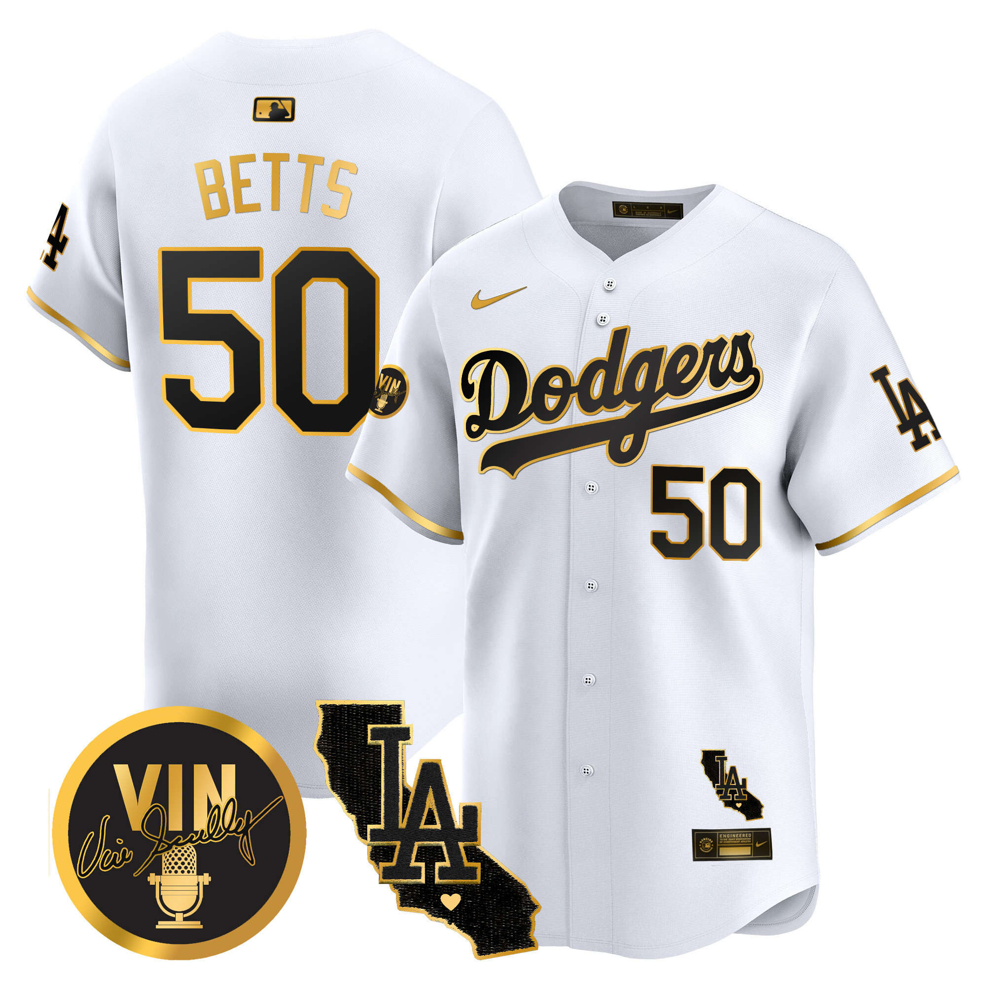 Men's Dodgers Vin & California Patch Gold Vapor Premier Limited Jersey - All Stitched