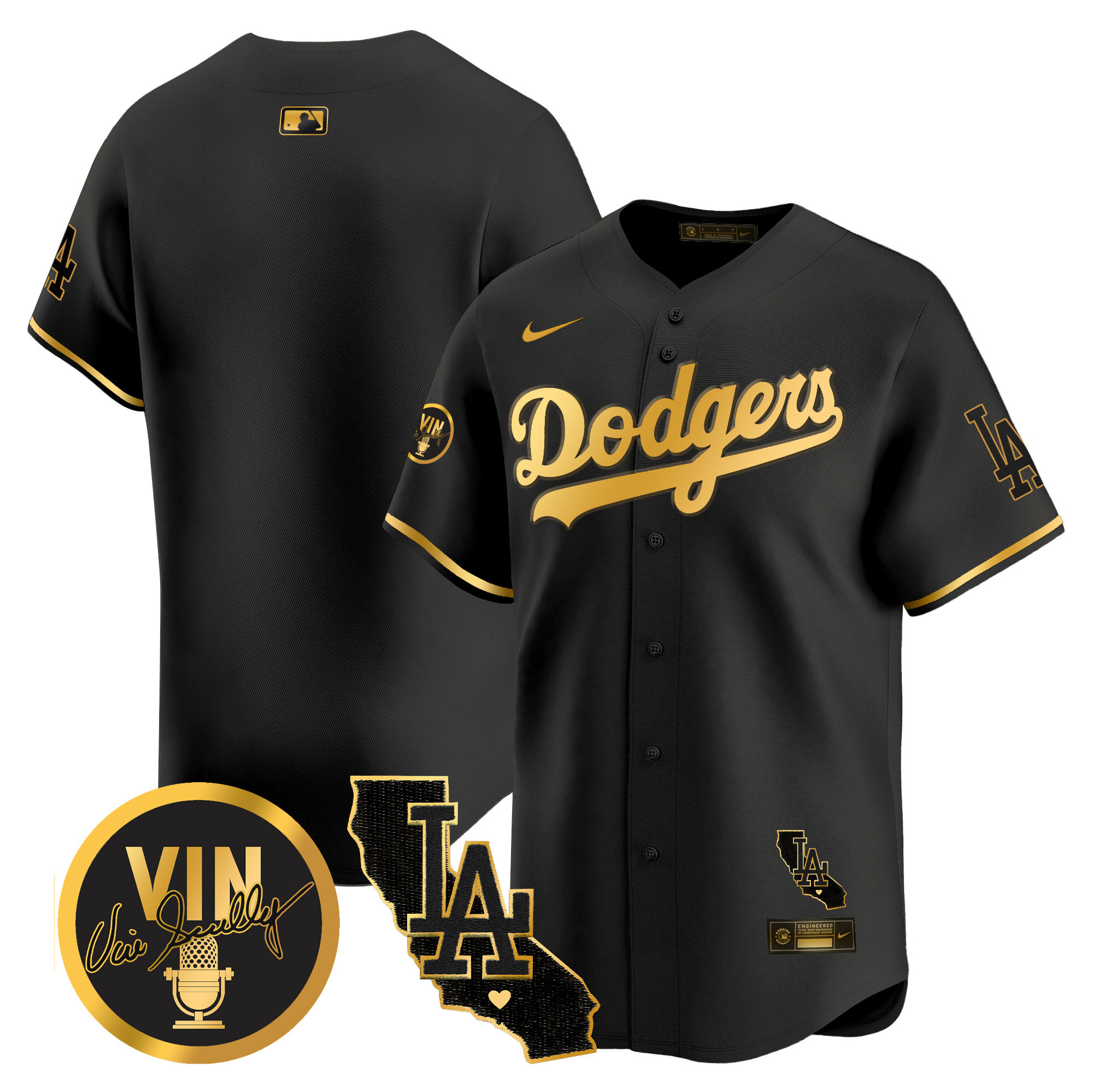 Men's Dodgers Vin & California Patch Gold Vapor Premier Limited Jersey - All Stitched