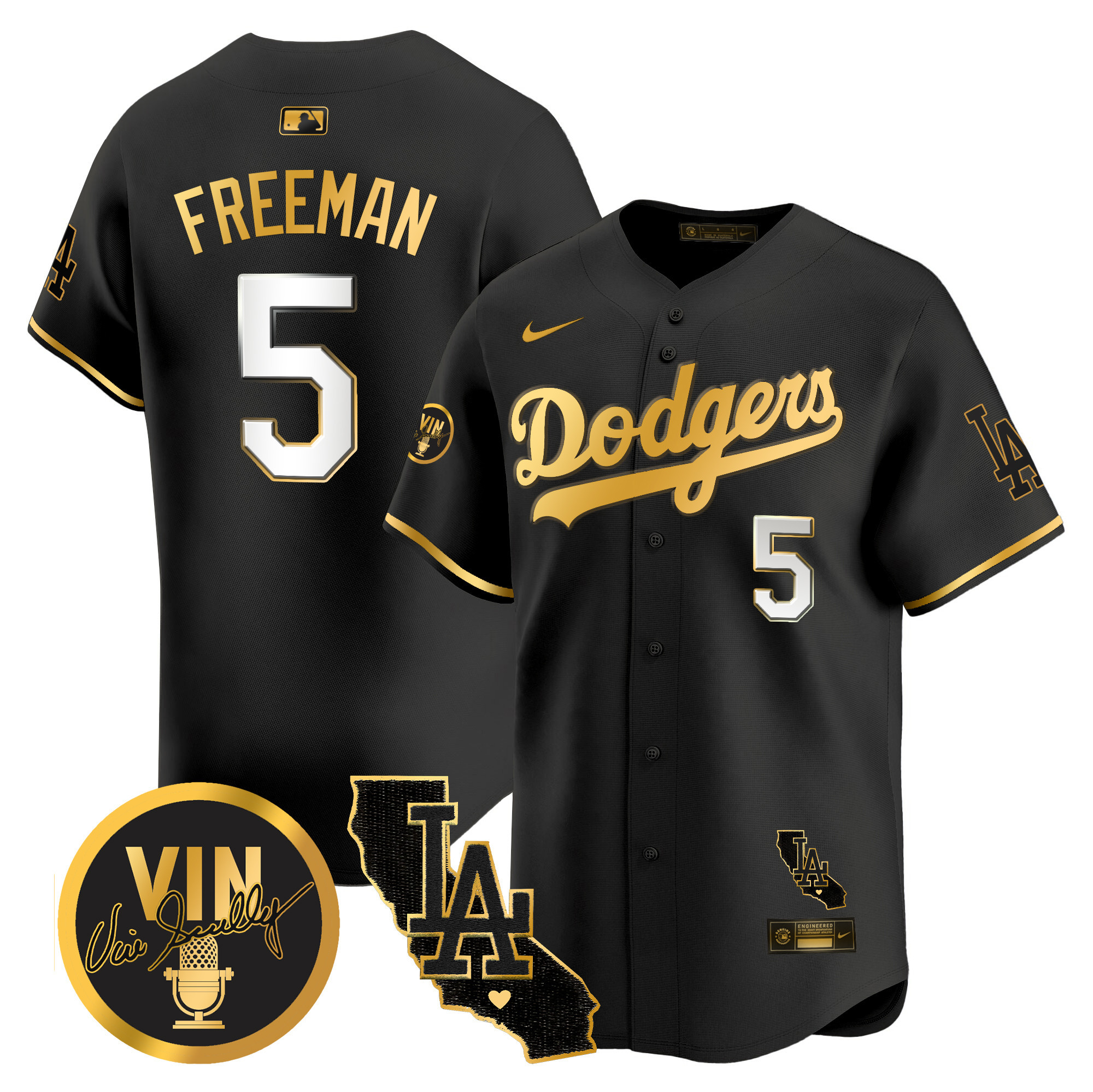 Men's Dodgers Vin & California Patch Gold Vapor Premier Limited Jersey - All Stitched