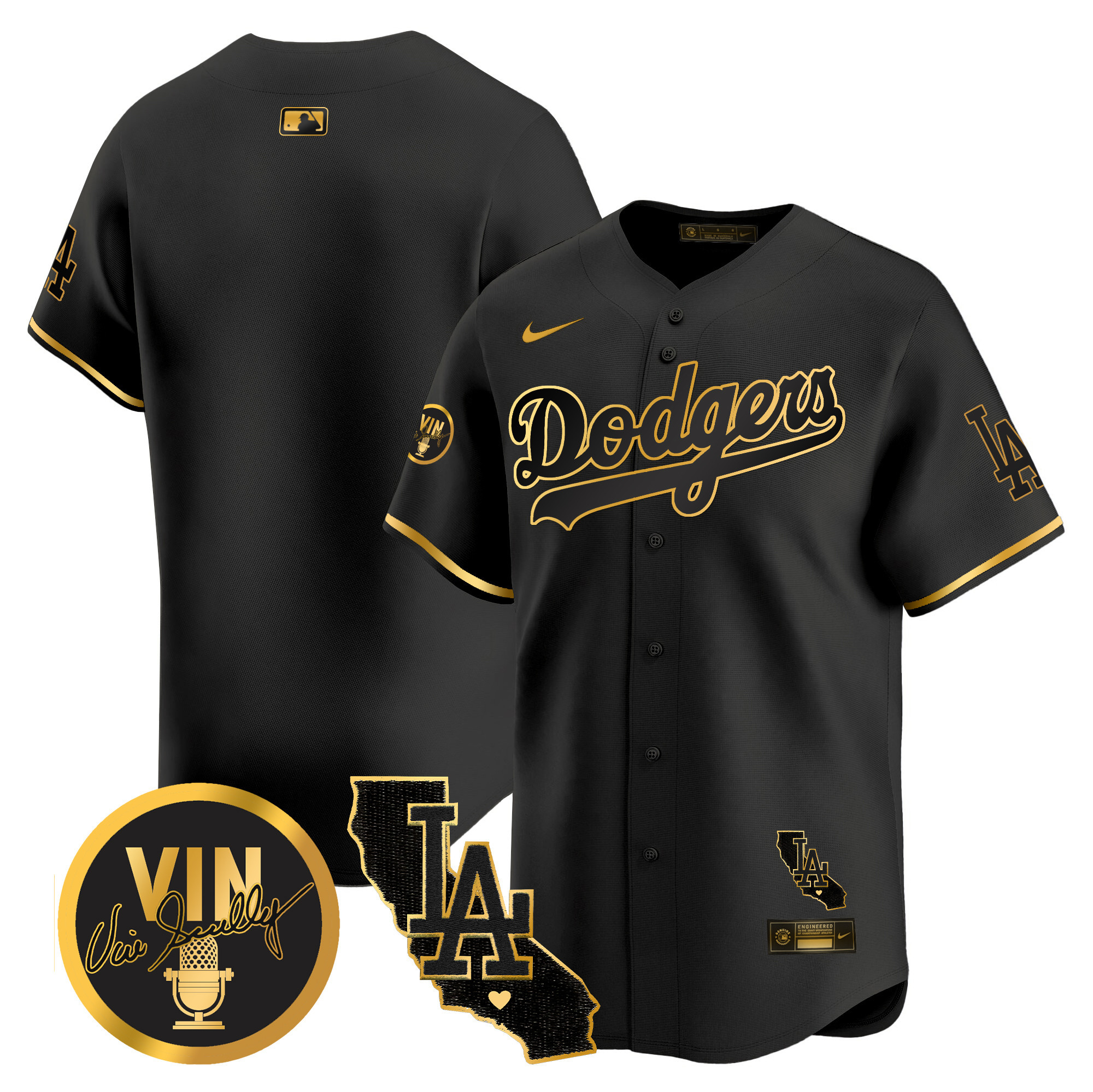 Men's Dodgers Vin & California Patch Gold Vapor Premier Limited Jersey - All Stitched