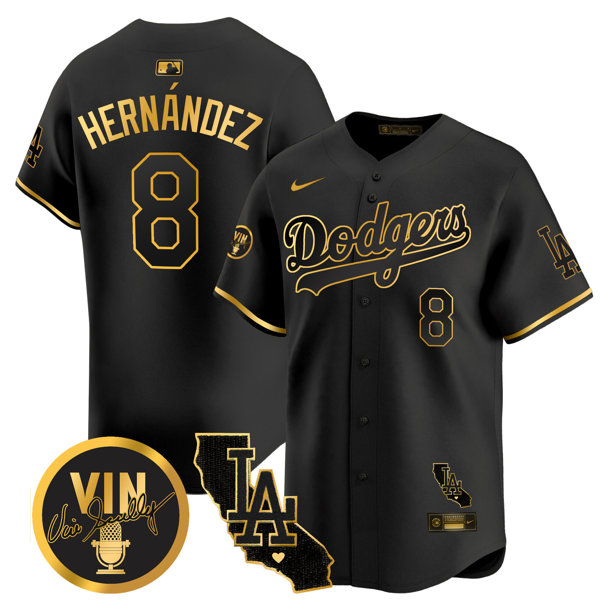 Men's Dodgers Vin & California Patch Gold Vapor Premier Limited Jersey - All Stitched