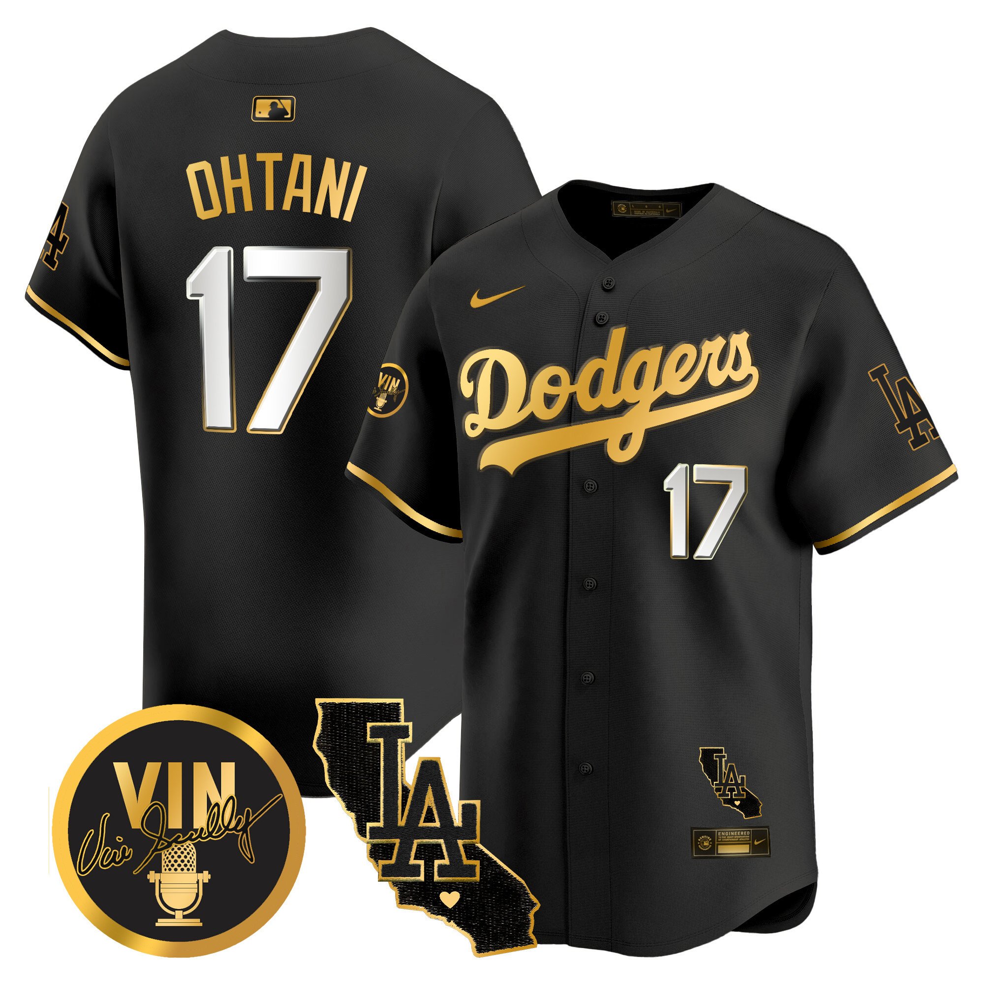 Men's Dodgers Vin & California Patch Gold Vapor Premier Limited Jersey - All Stitched