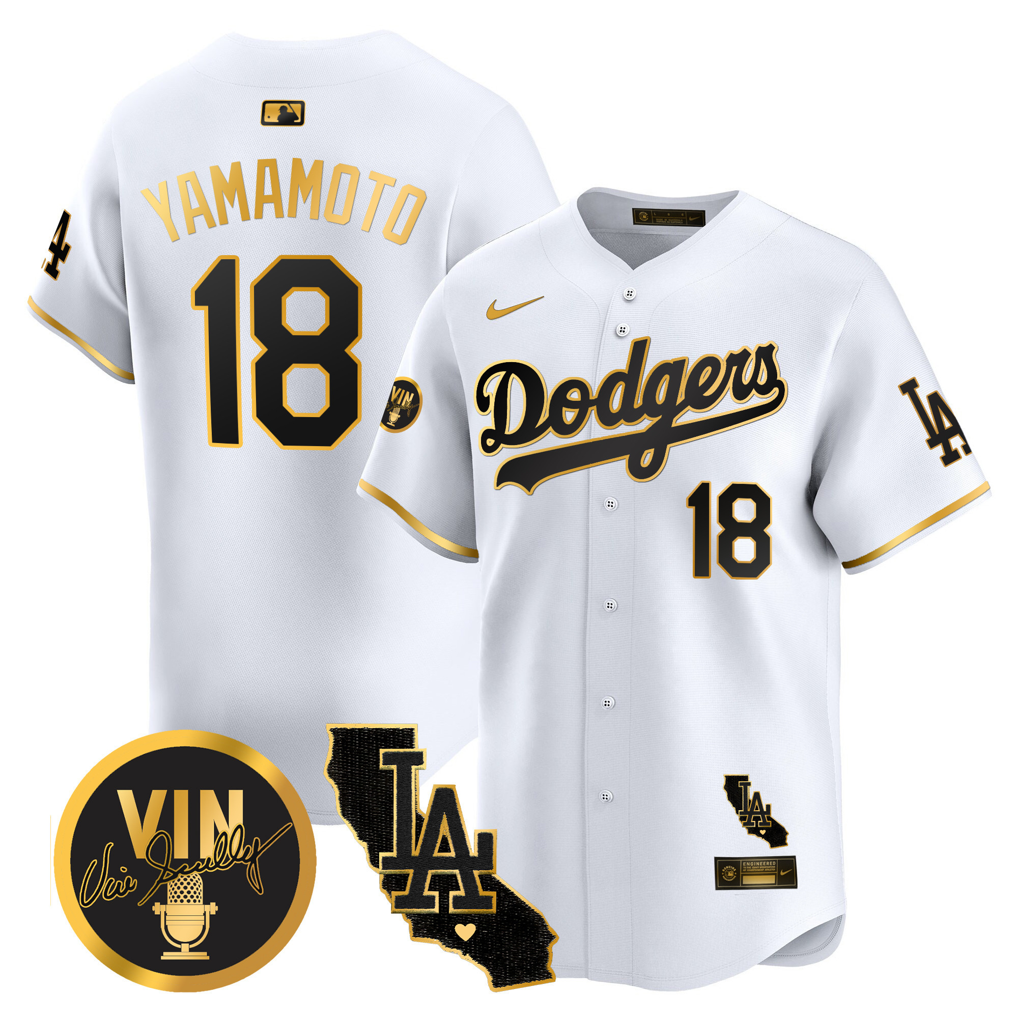 Men's Dodgers Vin & California Patch Gold Vapor Premier Limited Jersey - All Stitched