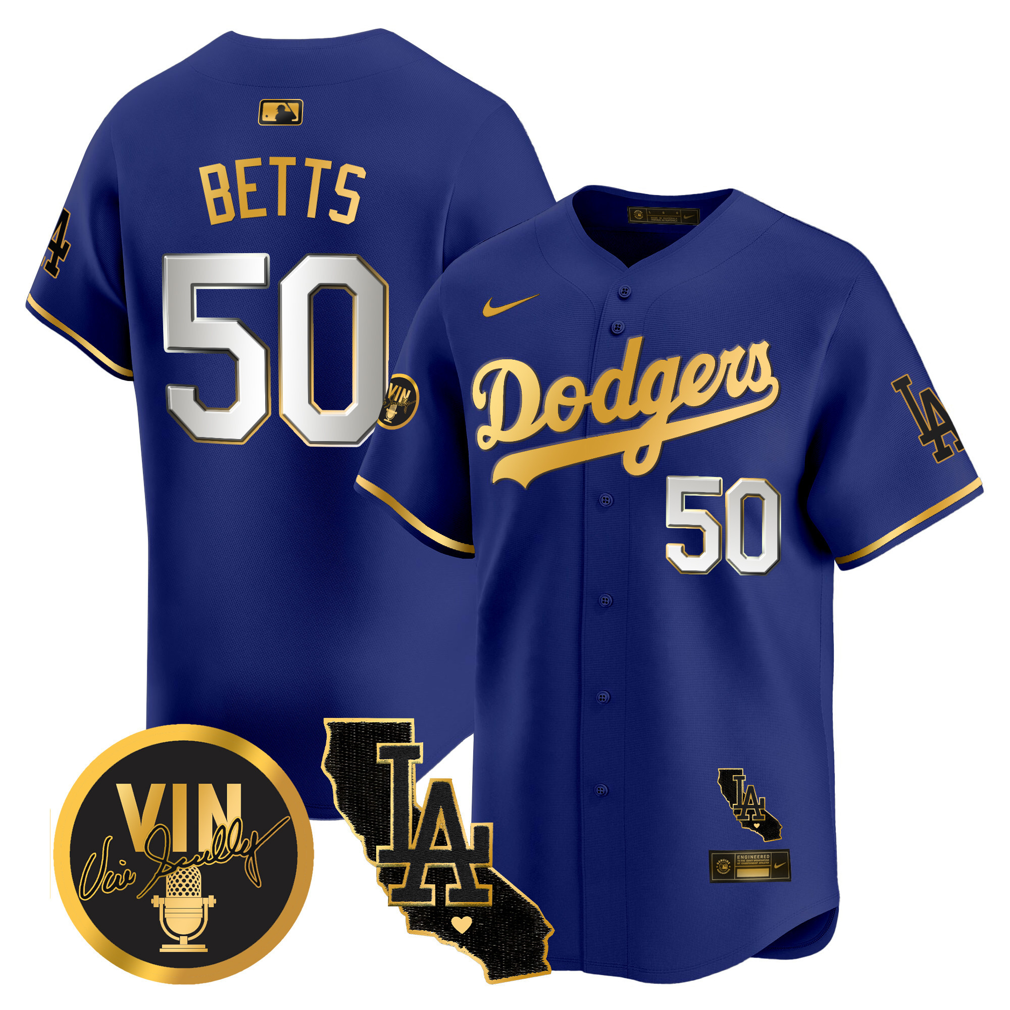 Men's Dodgers Vin & California Patch Gold Vapor Premier Limited Jersey - All Stitched